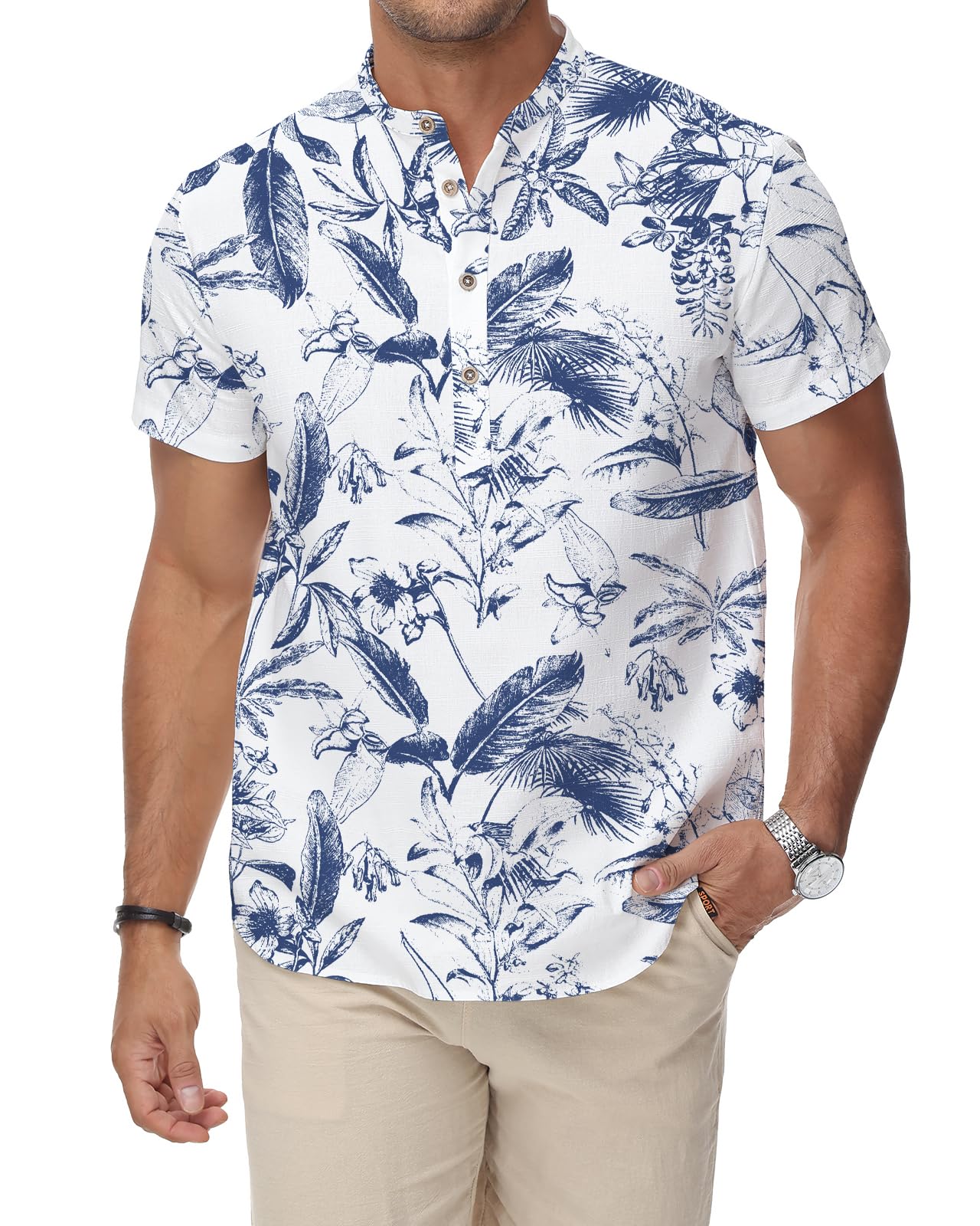 HMIYA Herren Sommerhemd Baumwolle Leinen Kurzarm Hemd Herren Henley-Kragen Lässiges Regular Fit Shirts
