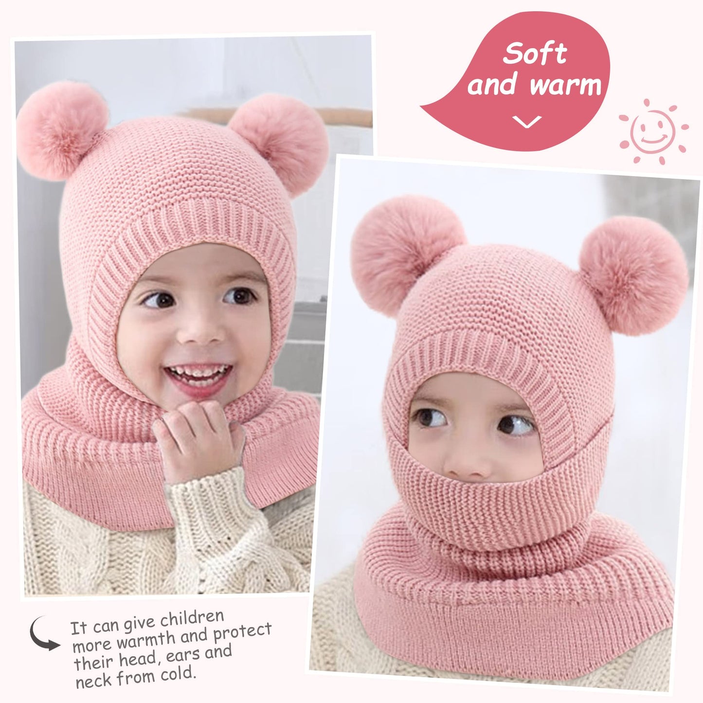 Children's Slip-On Hat Girls Boys Scarf Hat Fleece Lined Knitted Hat with Bobble Cute Winter Warm Beanie Hat Children's Hat Bobble Hat Loop Scarves for Toddlers Children 2-6 Years Old
