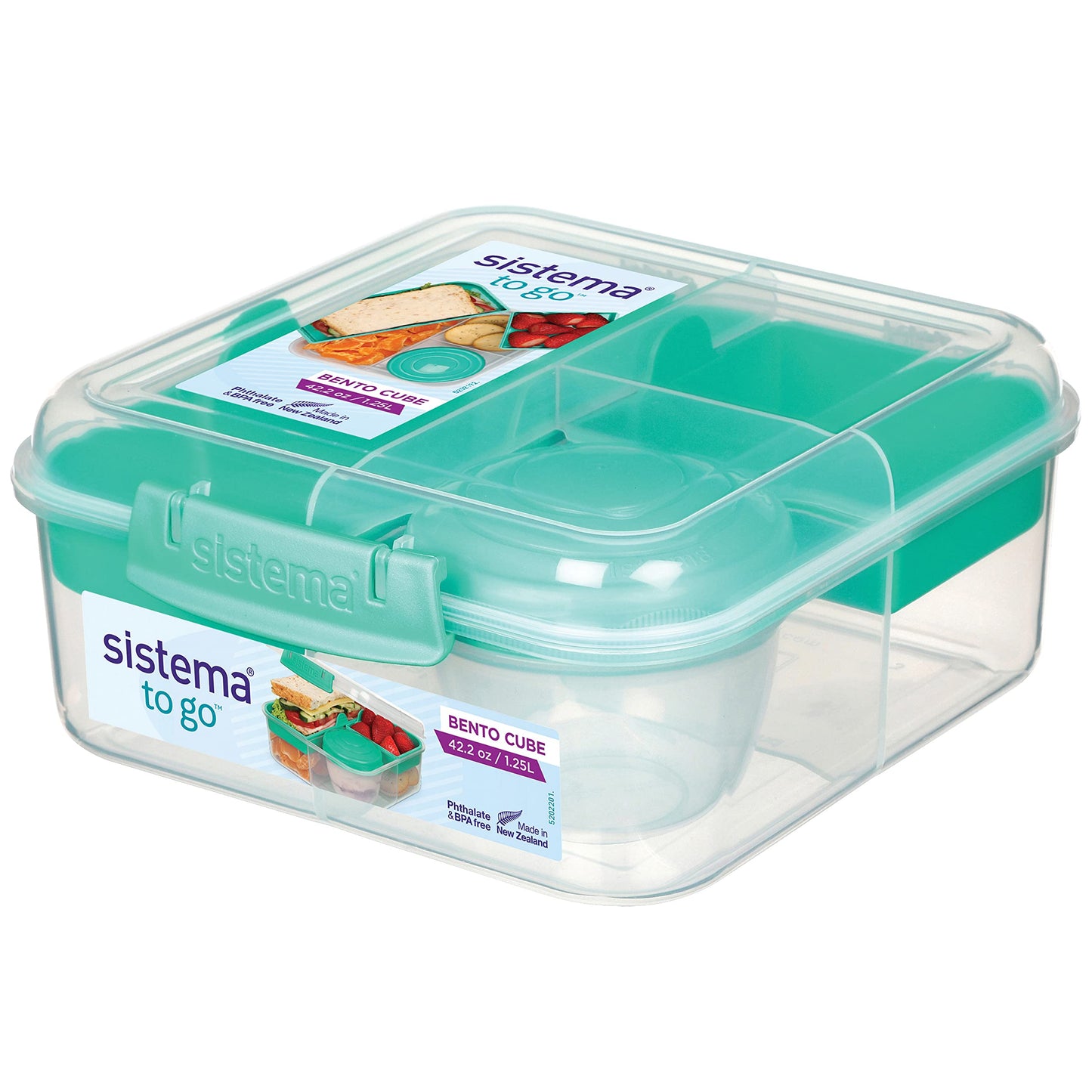 Sistema Bento-Box | 1,25 L | Brotdose für Pause mit Fächern und Snackbox | BPA-frei | hergestellt aus Ocean Bound Plastic | Teal Stone | 1 Stück, Mintgrün (Recycelter Kunststoff)