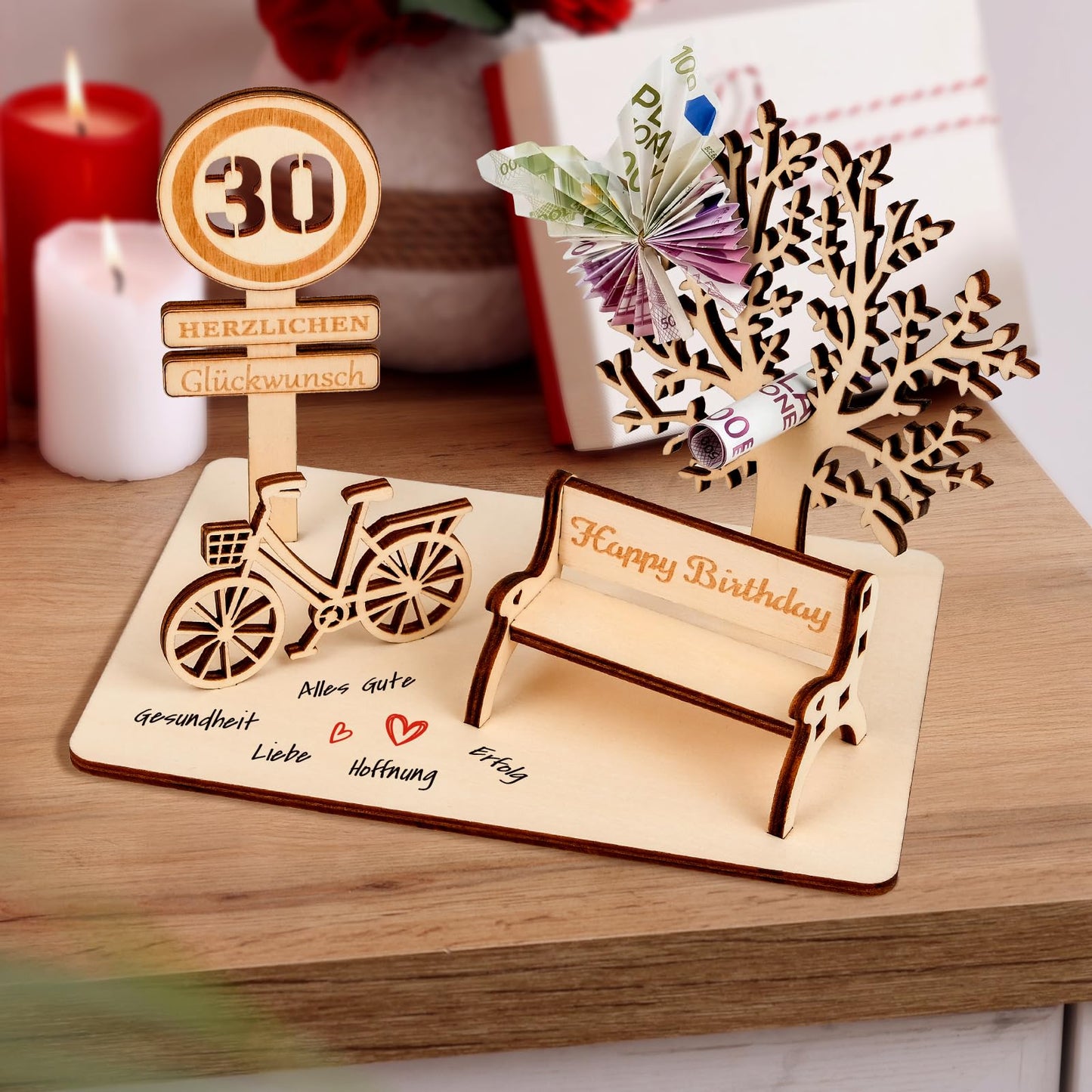 I LOVE MOM Geldgeschenk Geburtstag Holz, Fahrrad Geschenk, DIY Holz Schild Gästebuch Dreidimensionale Bäume Sitzbank Deko Zahlen für Geschenke, Hochzeiten, Partys, Geburtstage, Jubiläum (GYY-60)