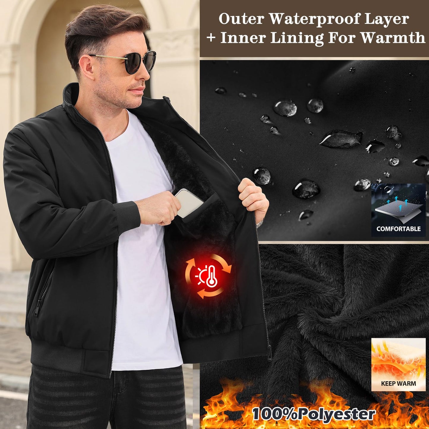 Lonya Men's Fleece Winter Windproof Bomber Jacket Full Zip Transition Jacket Flight Jacket Autumn Warm Padded Stand-Up Collar Coats Jackets