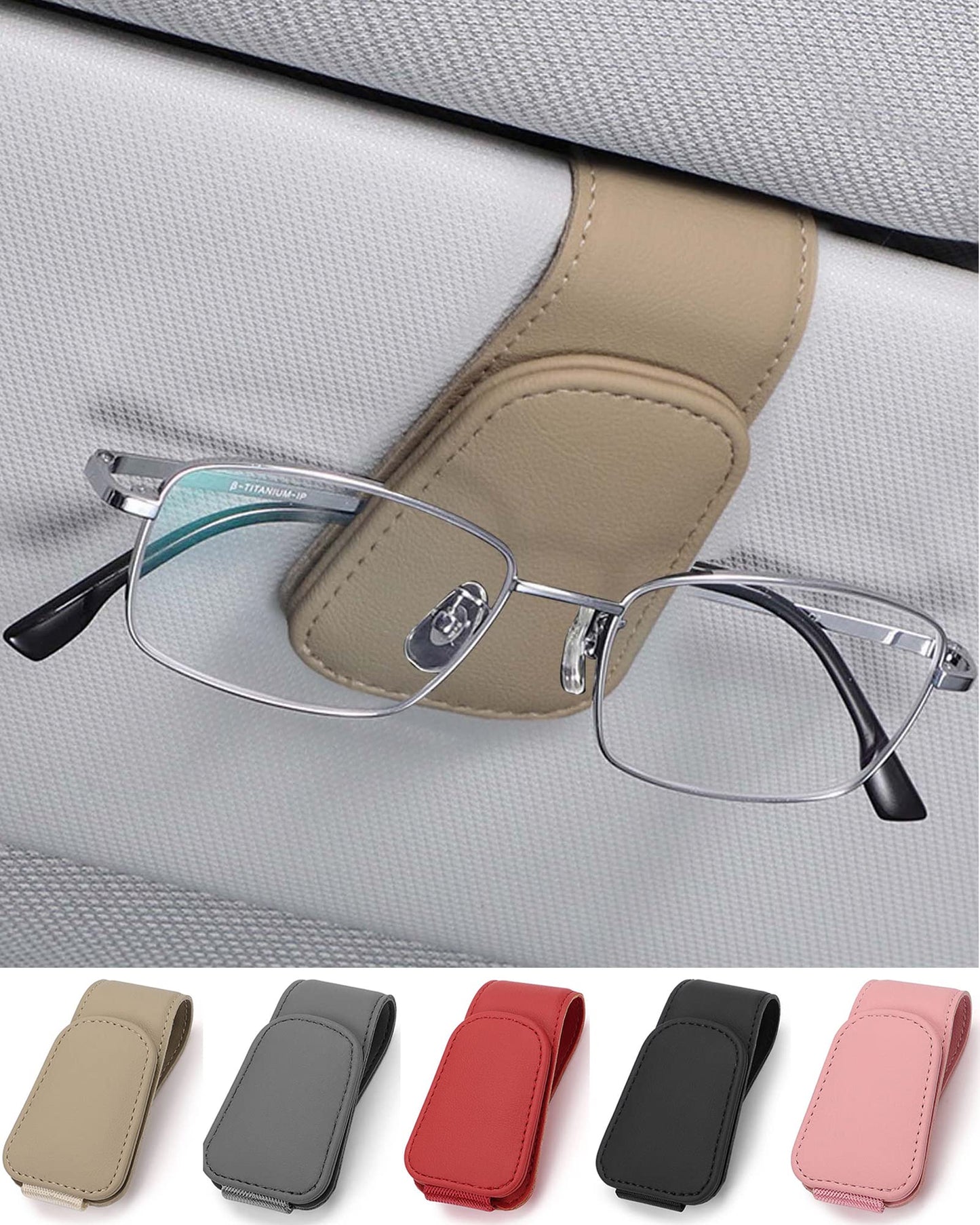 JEJA Glasses Holder for Car Sun Visor, Leather Sunglasses Holder for Car Visor Accessories, Ticket Card Clip, Black