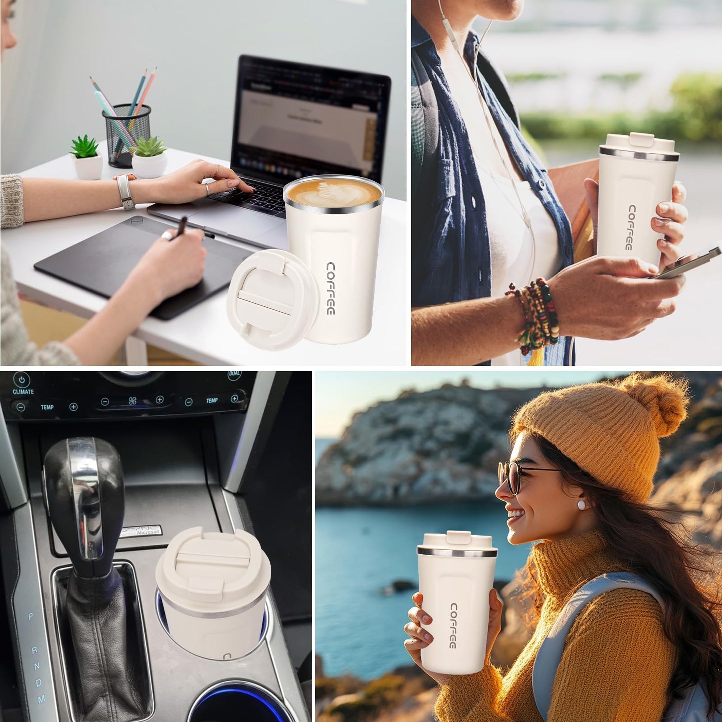 ERBO Kaffeebecher to go, Thermobecher Edelsthal, Auslaufsicher Kaffeetasse Kaffeebecher mit Deckel, Kaffeetasse Thermobecher für Unterwegs Umweltfreundlich, Weiß 380ml