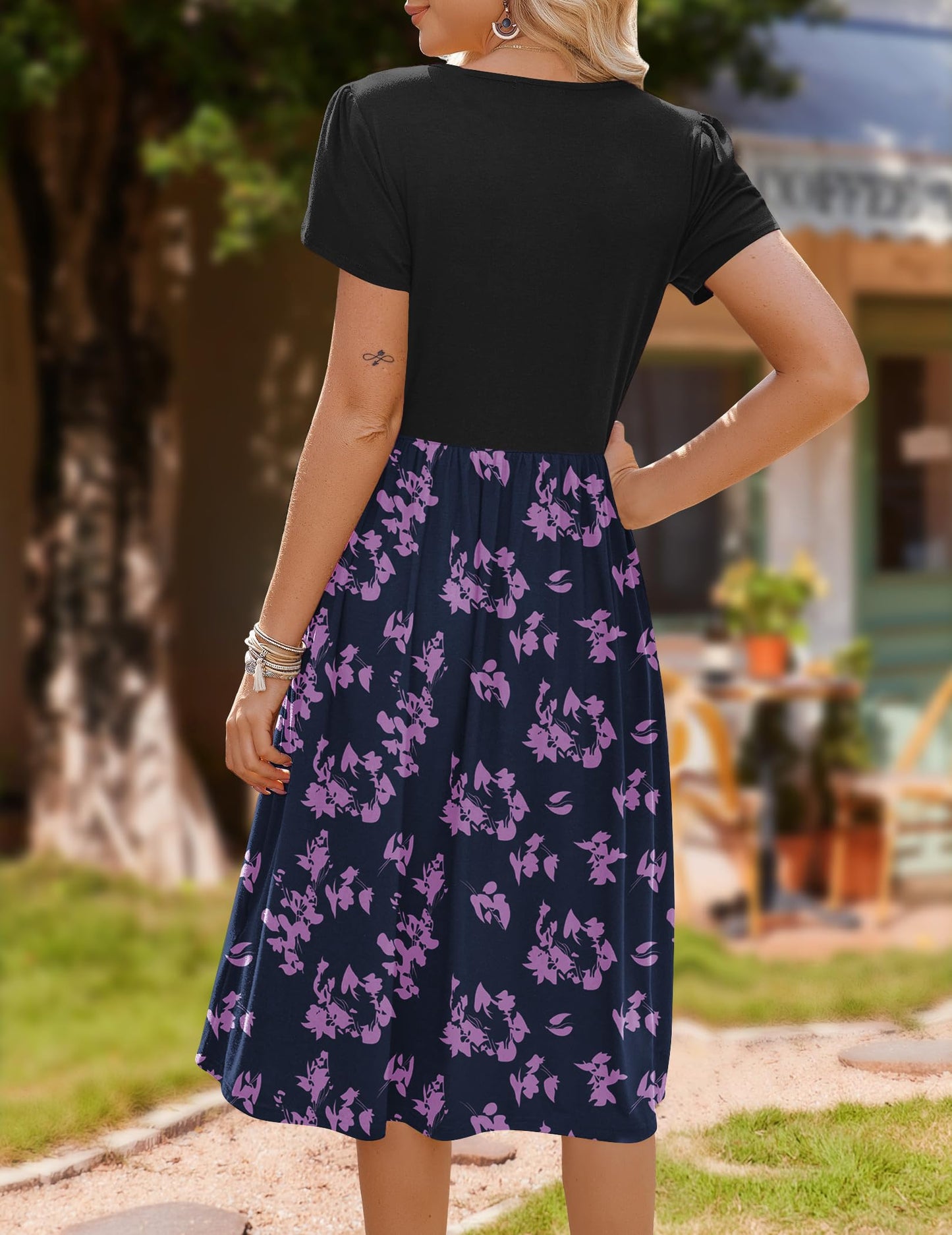 ZEAGOO Sommerkleid Damen Elegant Kleider Kurzarm Rundhals Midikleid A-Linie Blumenkleid Casual Tunika Kleid Hohe Taille Strandkleid mit Taschen S-XXL