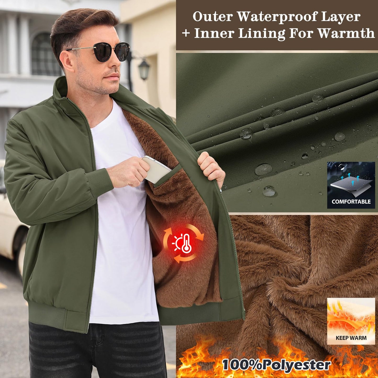 Lonya Men's Fleece Winter Windproof Bomber Jacket Full Zip Transition Jacket Flight Jacket Autumn Warm Padded Stand-Up Collar Coats Jackets