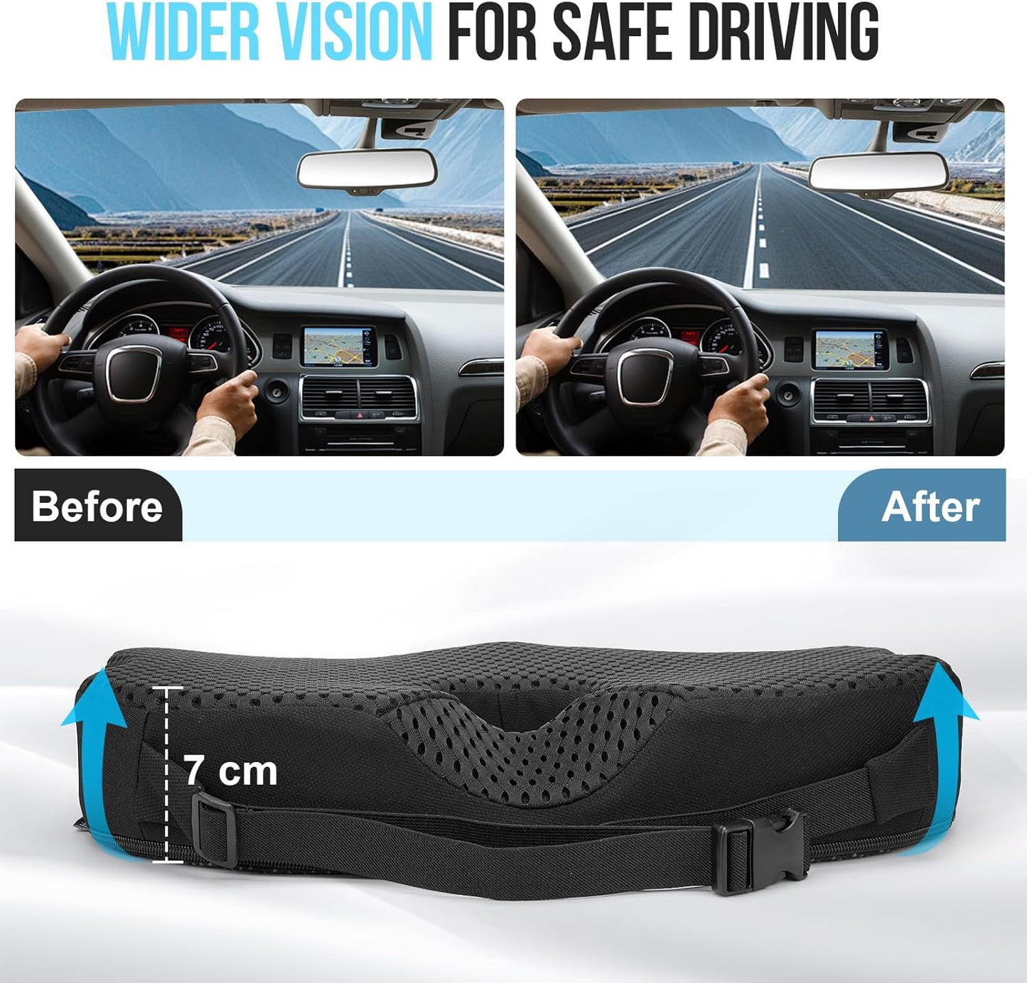 Autositzkissen fürs Fahren – Ergonomisches Keilkissen aus Memory-Schaum mit rutschfester Unterseite & verstellbarem Gurt – Sitzerhöhung für Auto, LKW, Büro & Zuhause