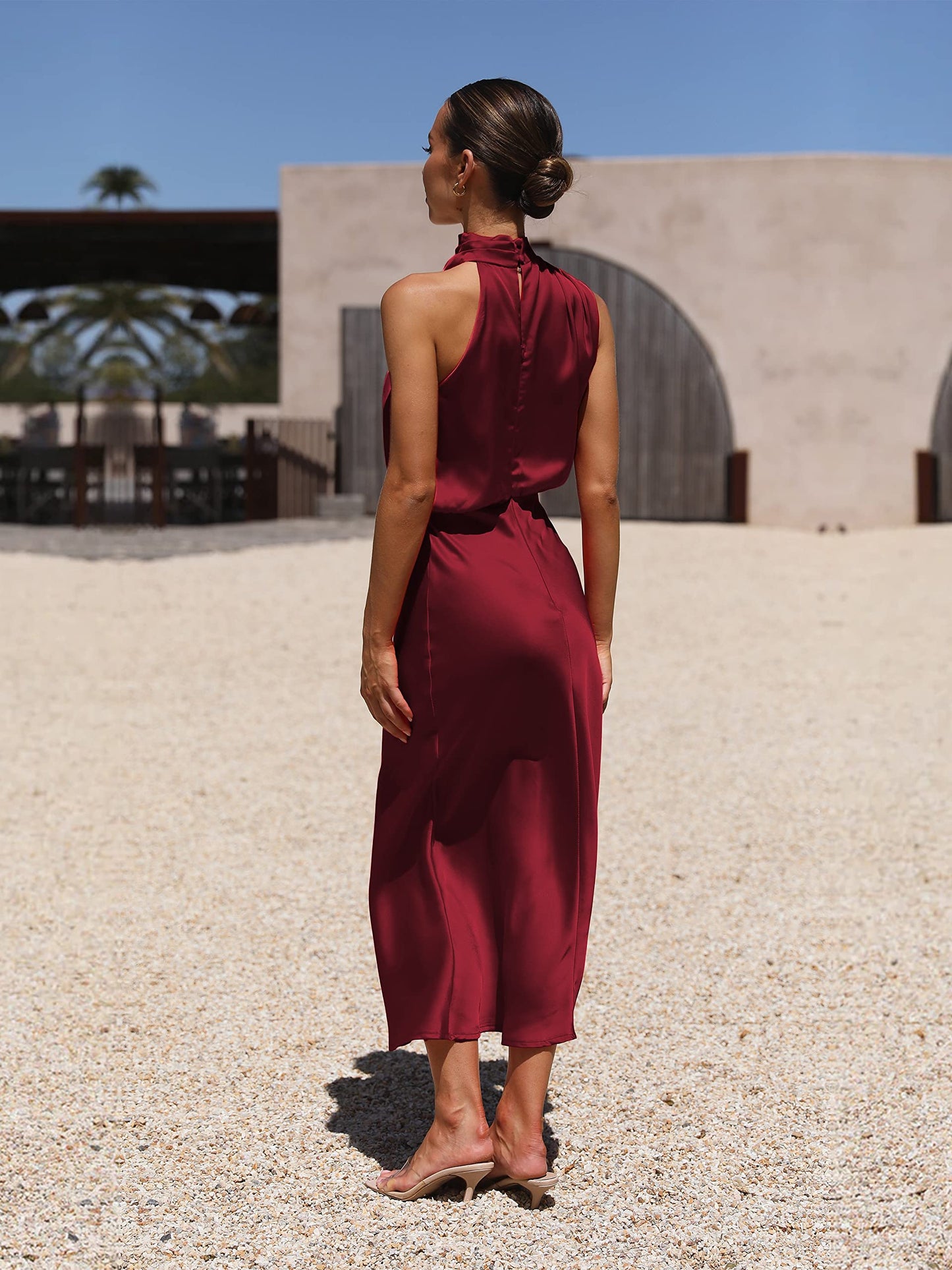 Odizli Damen Elegant Ärmellos Neckholder Satin Sommer Hochzeit Lang Abendkleider