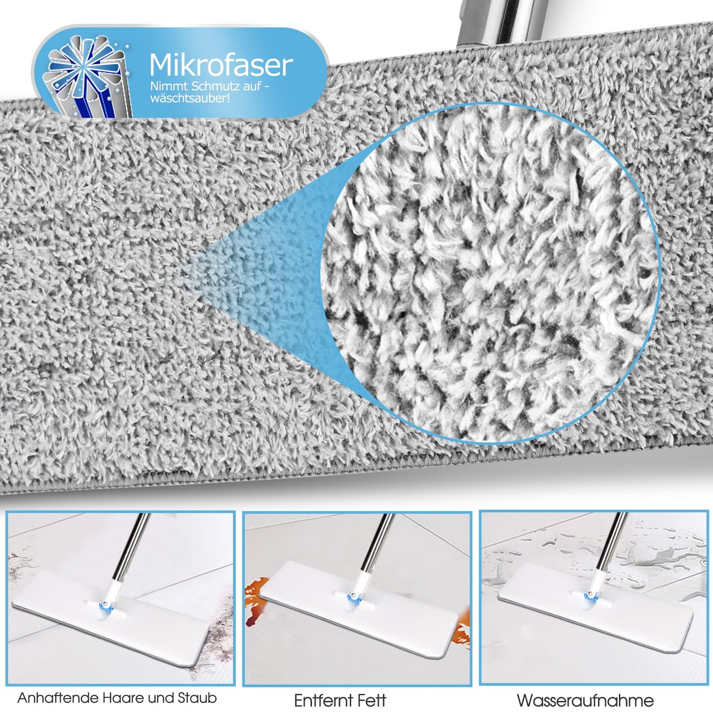 Masthome Wischmopp Bodenwischer Bodenreiniger,Mikrofaser Mopp mit 128cm Teleskopstiel,Wischer Boden Flachmopp mit 4 Moppads für Hartholz,Laminat,Fliesen,Marmor,Send Scraping Dust