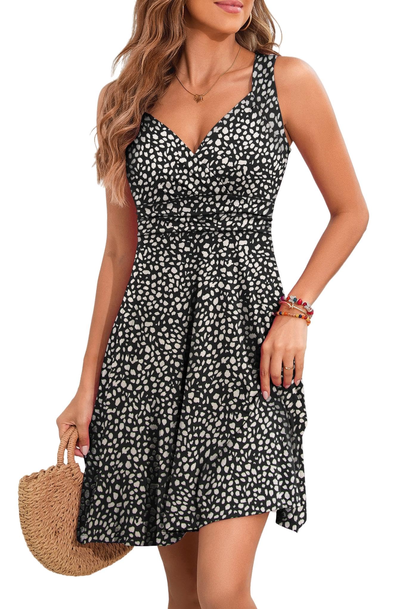 YUTILA Sommerkleid Damen V-Ausschnitt Ärmelloses Kleider Midi Blumenmuster Leicht Kleid Strandkleid