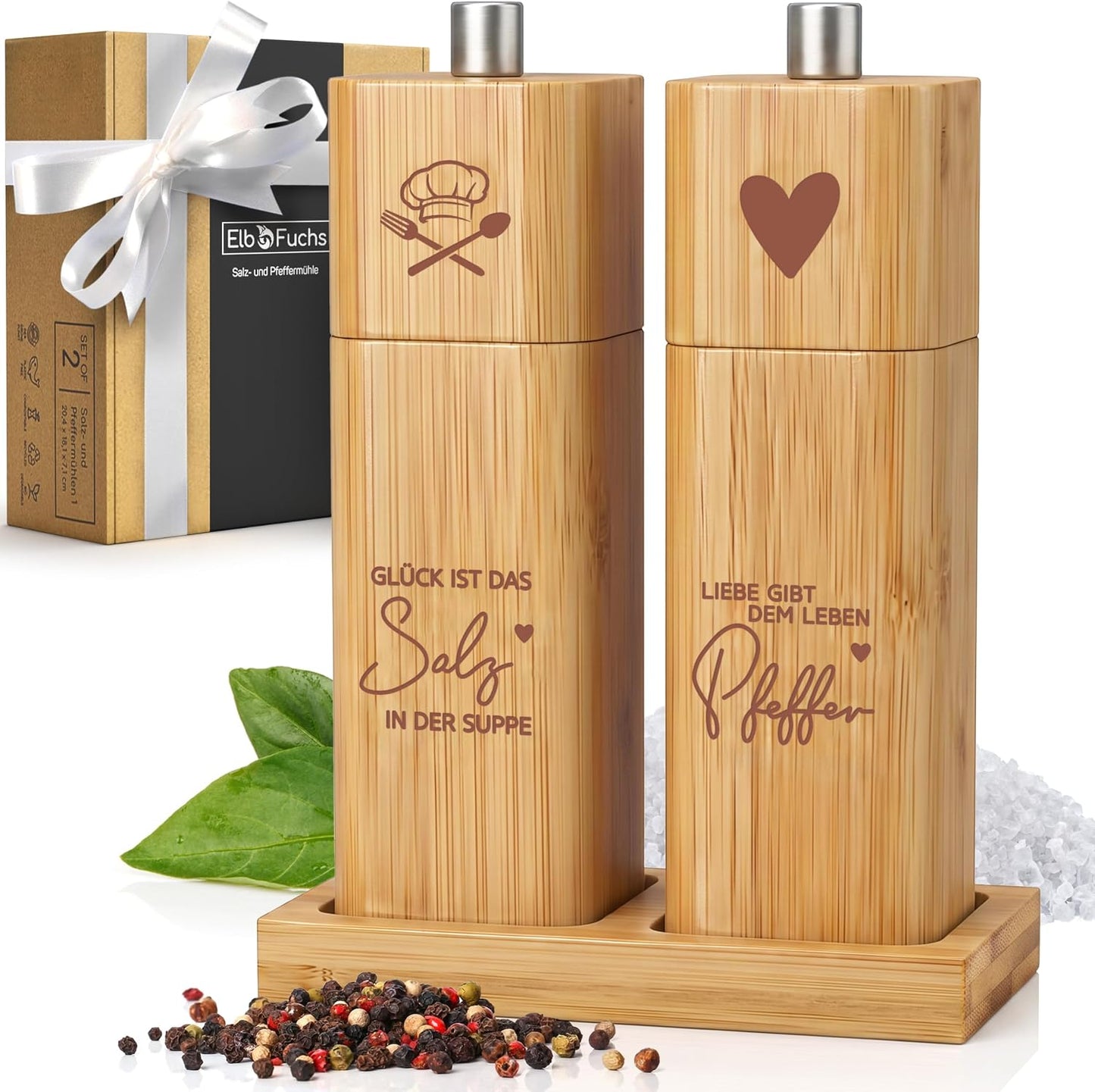 ELBFUCHS® Salz und Pfeffermühle Holz Groß [PERFEKTE GESCHENKIDEE] Liebevolles 2-er Set Pfeffer und Salzmühle mit Keramikmahlwerk | Ideal für Hölzerne Hochzeit Geschenk Einzug, Polterabend