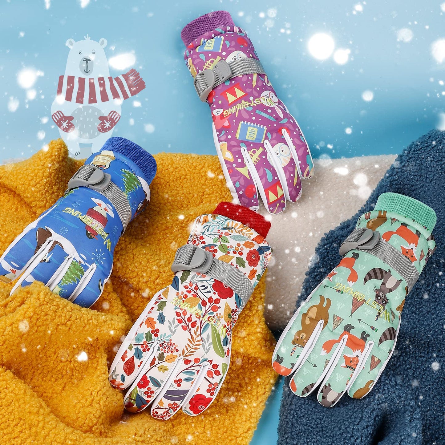 WESTGIRL Children’s Winter Gloves, Windproof, Warm Ski Gloves, Thermal Fleece, Water-Repellent Cartoon Snow Gloves, Outdoor Gloves for Snowboarding, Cycling, for Boys and Girls Aged 3–12 Years
