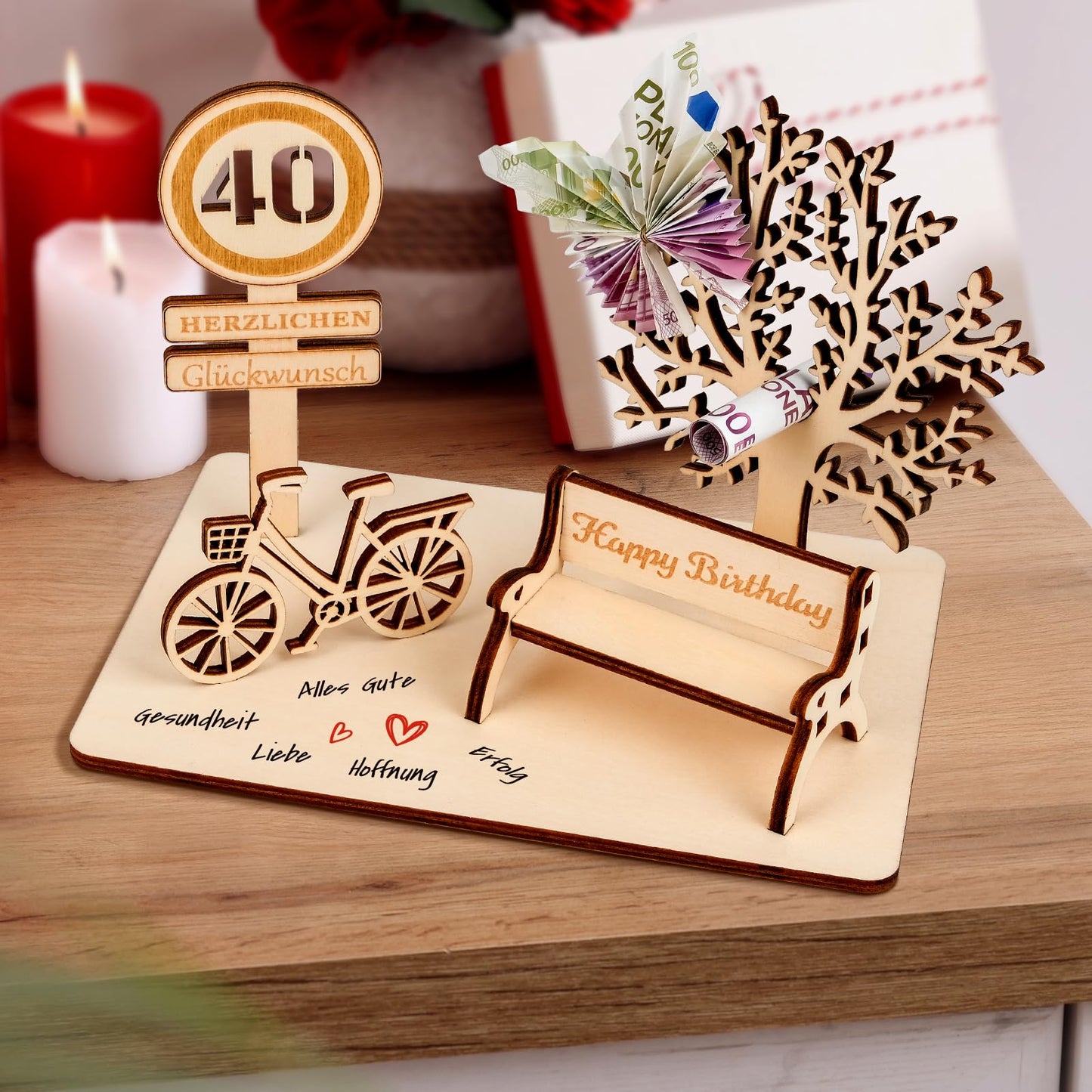 I LOVE MOM Geldgeschenk Geburtstag Holz, Fahrrad Geschenk, DIY Holz Schild Gästebuch Dreidimensionale Bäume Sitzbank Deko Zahlen für Geschenke, Hochzeiten, Partys, Geburtstage, Jubiläum (GYY-60)