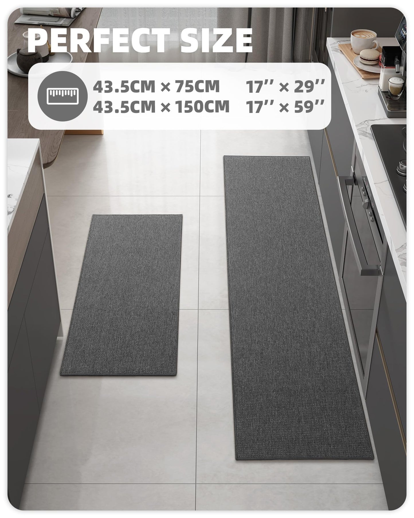 Color G 2 Stück Küchenläufer, Küchenteppich Waschbar rutschfest, Teppich Läufer Küche, Teppich Küche Leicht Zu Reinigen, Saugfähig, Küchenmatte für Küche, Esszimmer, Waschküche (Grau, 43x75+43x150cm)