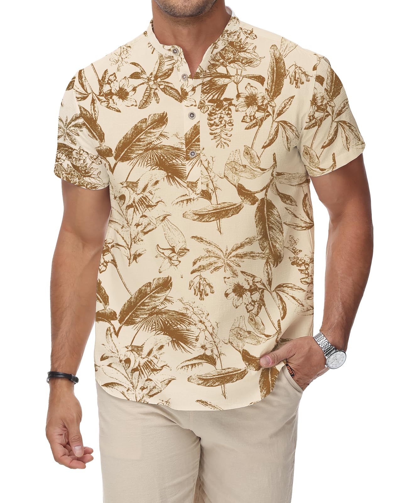 HMIYA Herren Sommerhemd Baumwolle Leinen Kurzarm Hemd Herren Henley-Kragen Lässiges Regular Fit Shirts