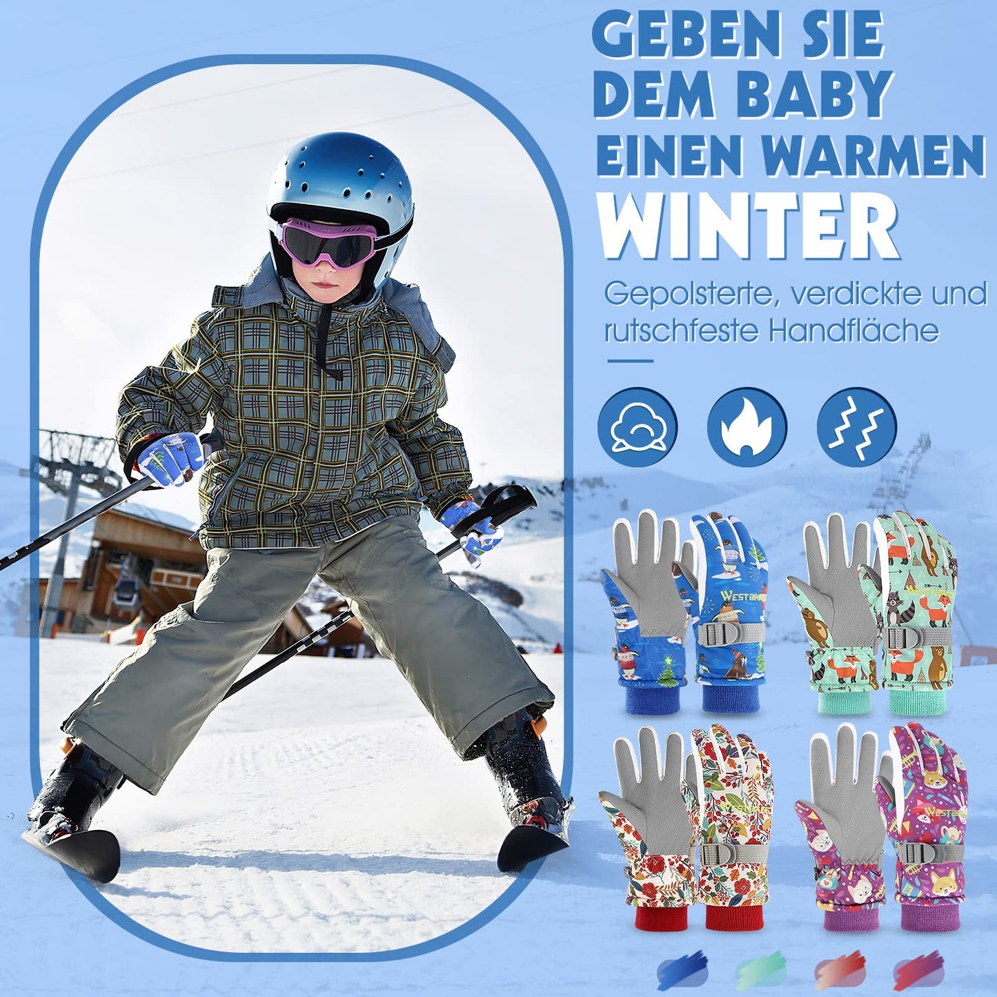 WESTGIRL Children’s Winter Gloves, Windproof, Warm Ski Gloves, Thermal Fleece, Water-Repellent Cartoon Snow Gloves, Outdoor Gloves for Snowboarding, Cycling, for Boys and Girls Aged 3–12 Years