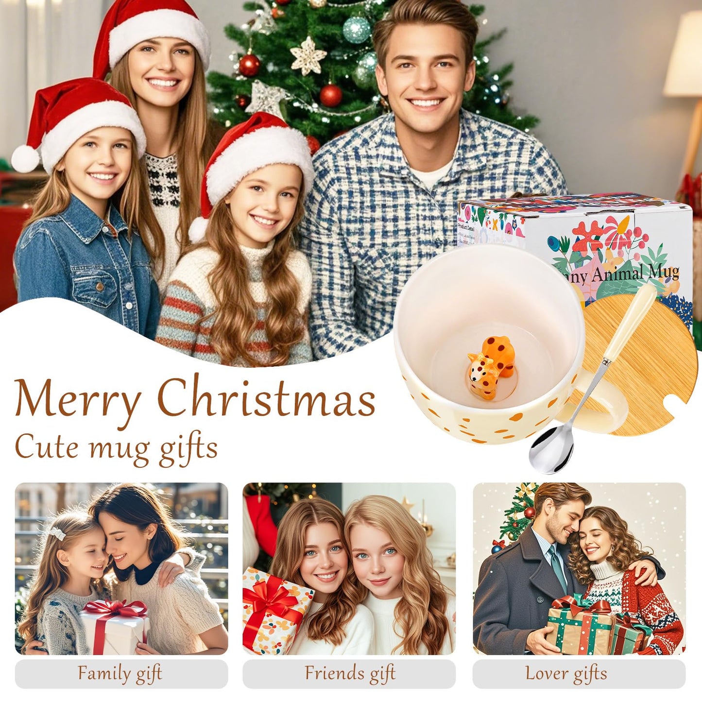 BigNoseDeer Süße Sachen Keramik Katze Kaffeetasse Teetasse Deckel Löffel Lustige Tassen Geschenke für Frauen Kaffeebecher 3D Tasse Personalisiert Cappuccino Tasse Beste Freundin Weihnachten Geschenk