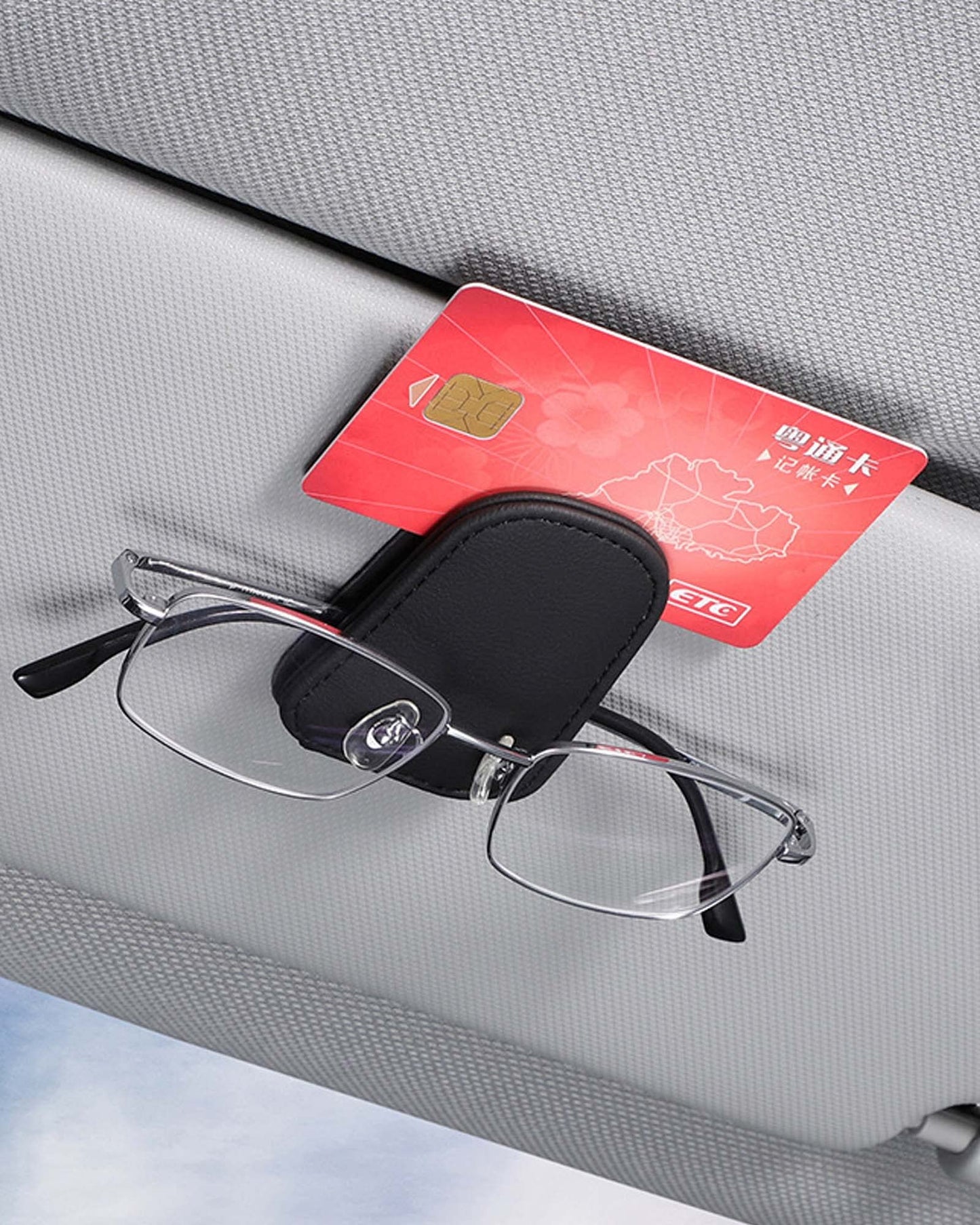 JEJA Glasses Holder for Car Sun Visor, Leather Sunglasses Holder for Car Visor Accessories, Ticket Card Clip, Black