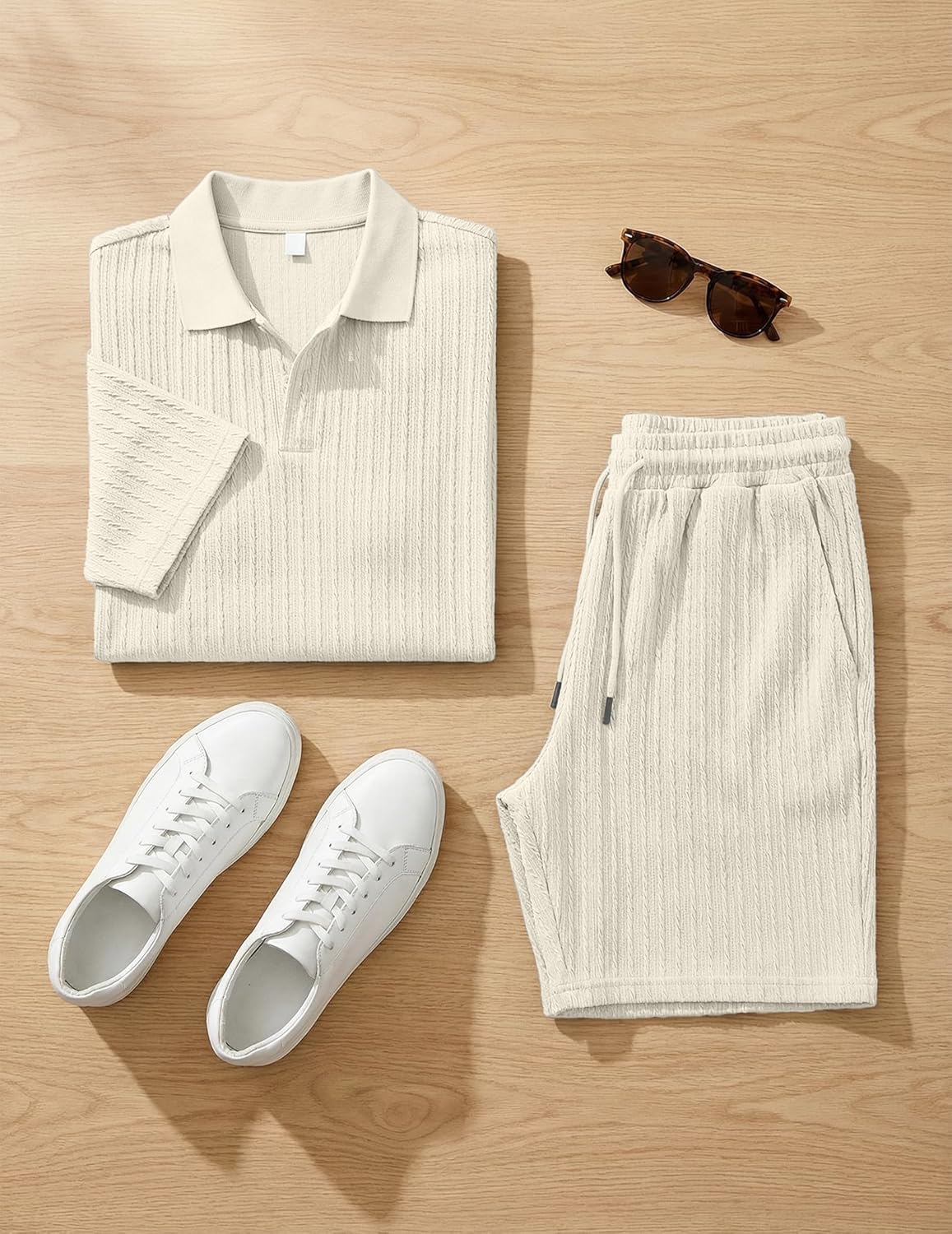 JMIERR Herren Jogginganzug Set Sommer 2 Teiliges Poloshirts Kurzarm Einfarbig Strick mit Kurze Hose Herren mit Elastischer Taille Baggy Freizeitanzug