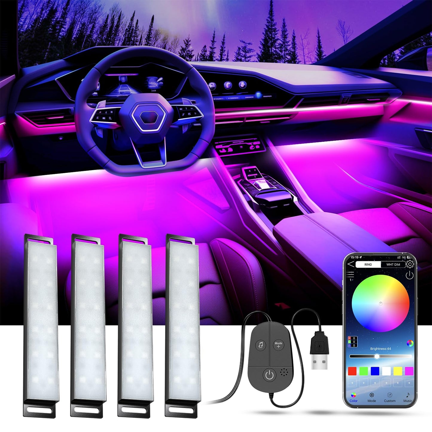 YiLaie RGB LED Interior Lighting Car, Ambient Lighting Car with App Control and 16 Million Colours, Music Mode, Colour Memory, Three Button Control Box, Cigarette Lighter, 12 V