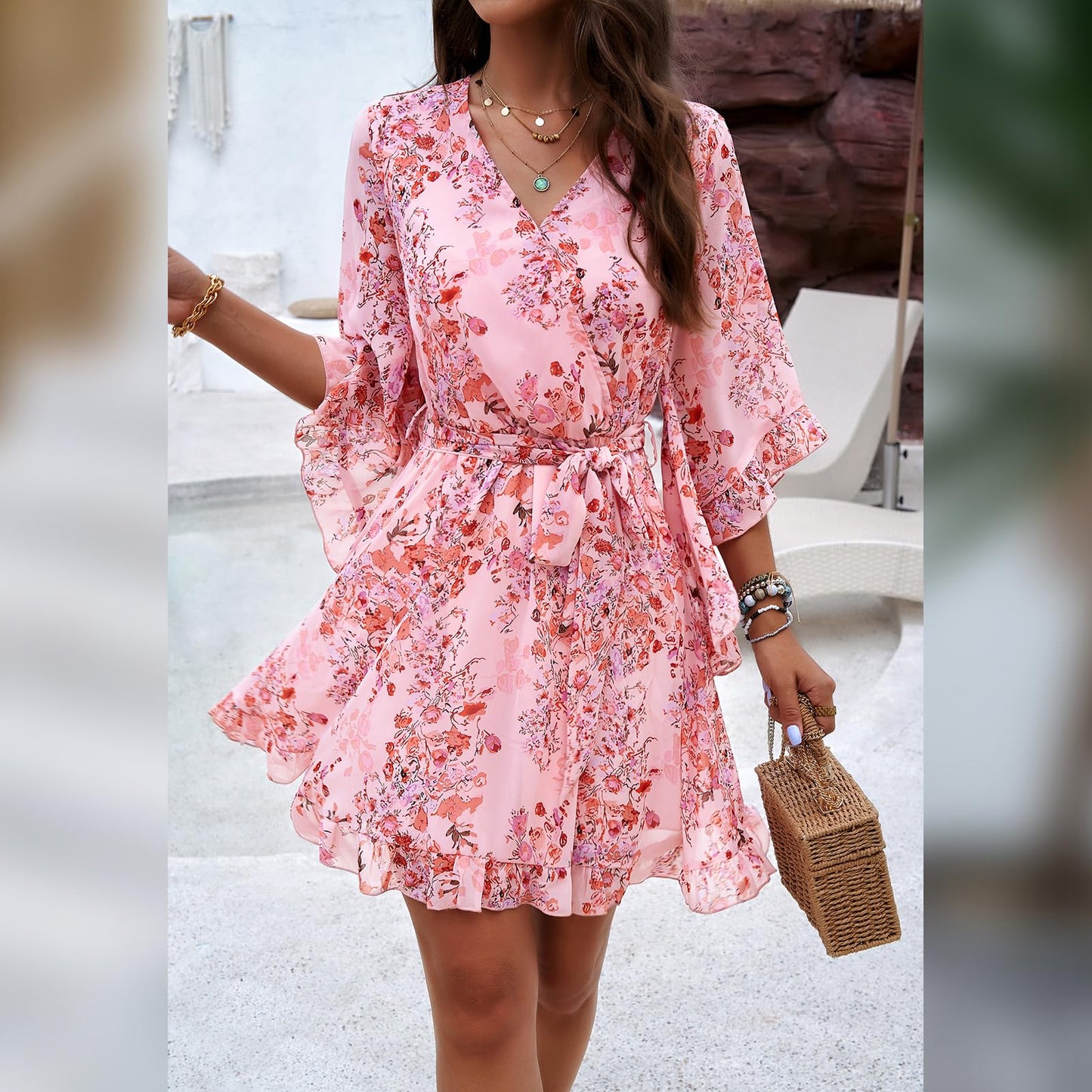 Odizli Sommerkleid Damen Kurz Elegant Blumen Chiffon V-Ausschnitt Wickelkleid