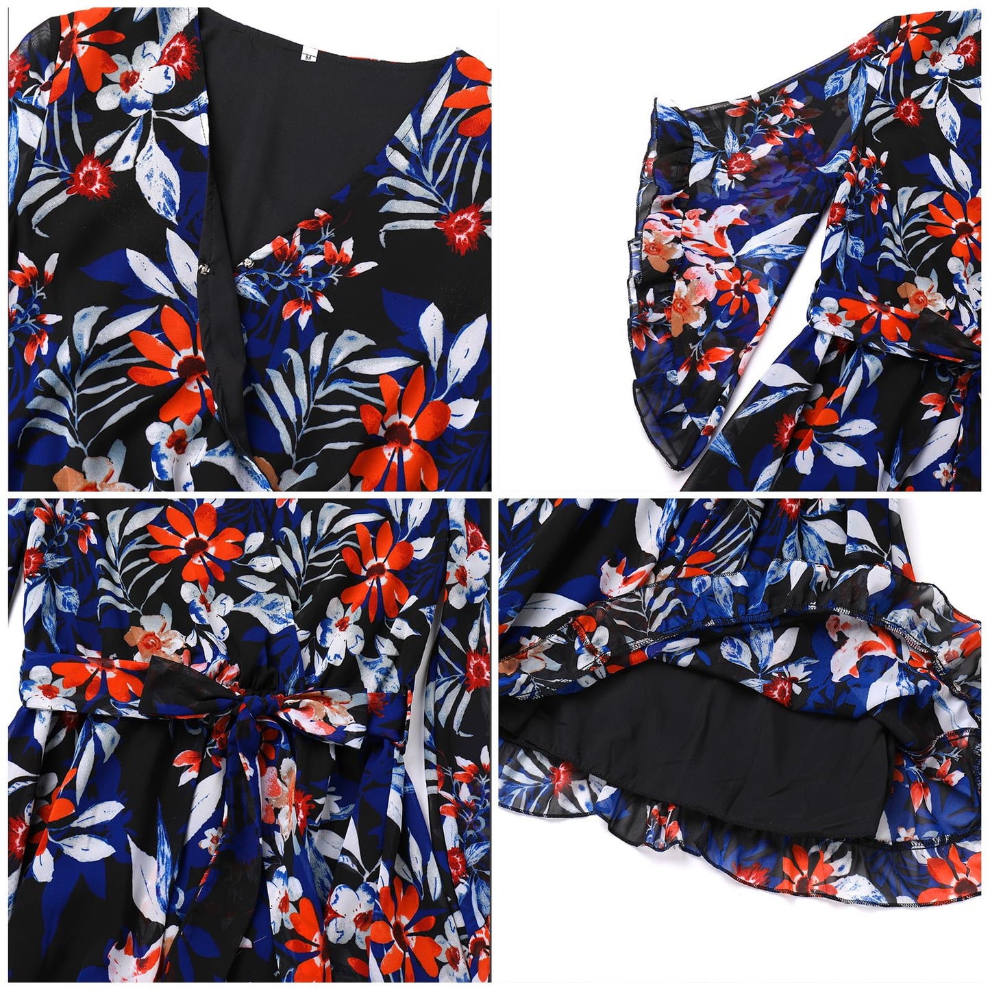 Odizli Sommerkleid Damen Kurz Elegant Blumen Chiffon V-Ausschnitt Wickelkleid