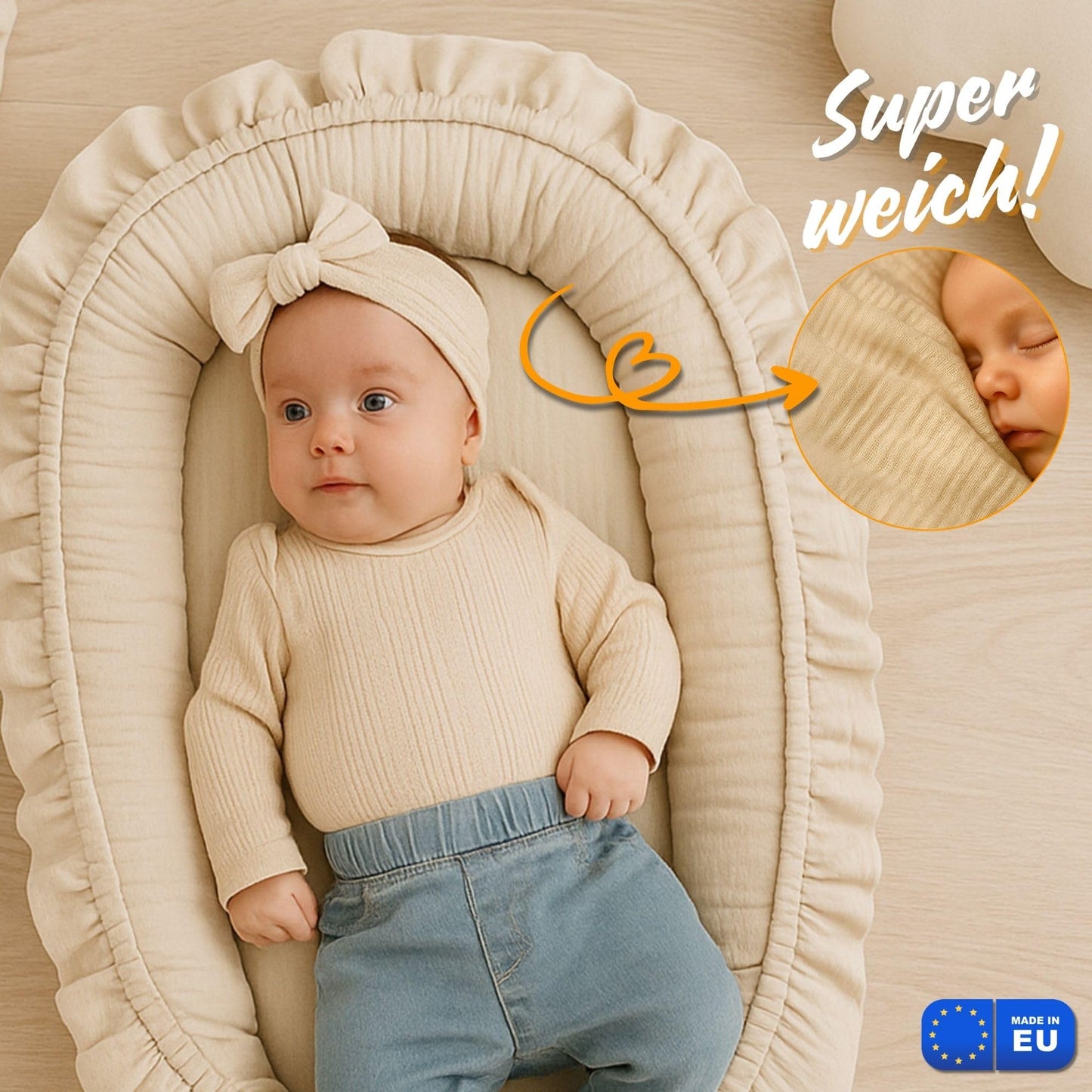 Musselin Babynest Nestchen Baby 90x50 cm - Babynestchen Neugeborene Nest für Kinder Bett und Babybett tragbar Kuschelnest Coccon für Jungen und Mädchen Baumwolle Grau