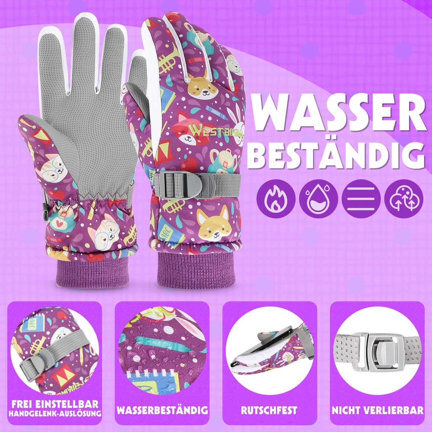 WESTGIRL Children’s Winter Gloves, Windproof, Warm Ski Gloves, Thermal Fleece, Water-Repellent Cartoon Snow Gloves, Outdoor Gloves for Snowboarding, Cycling, for Boys and Girls Aged 3–12 Years