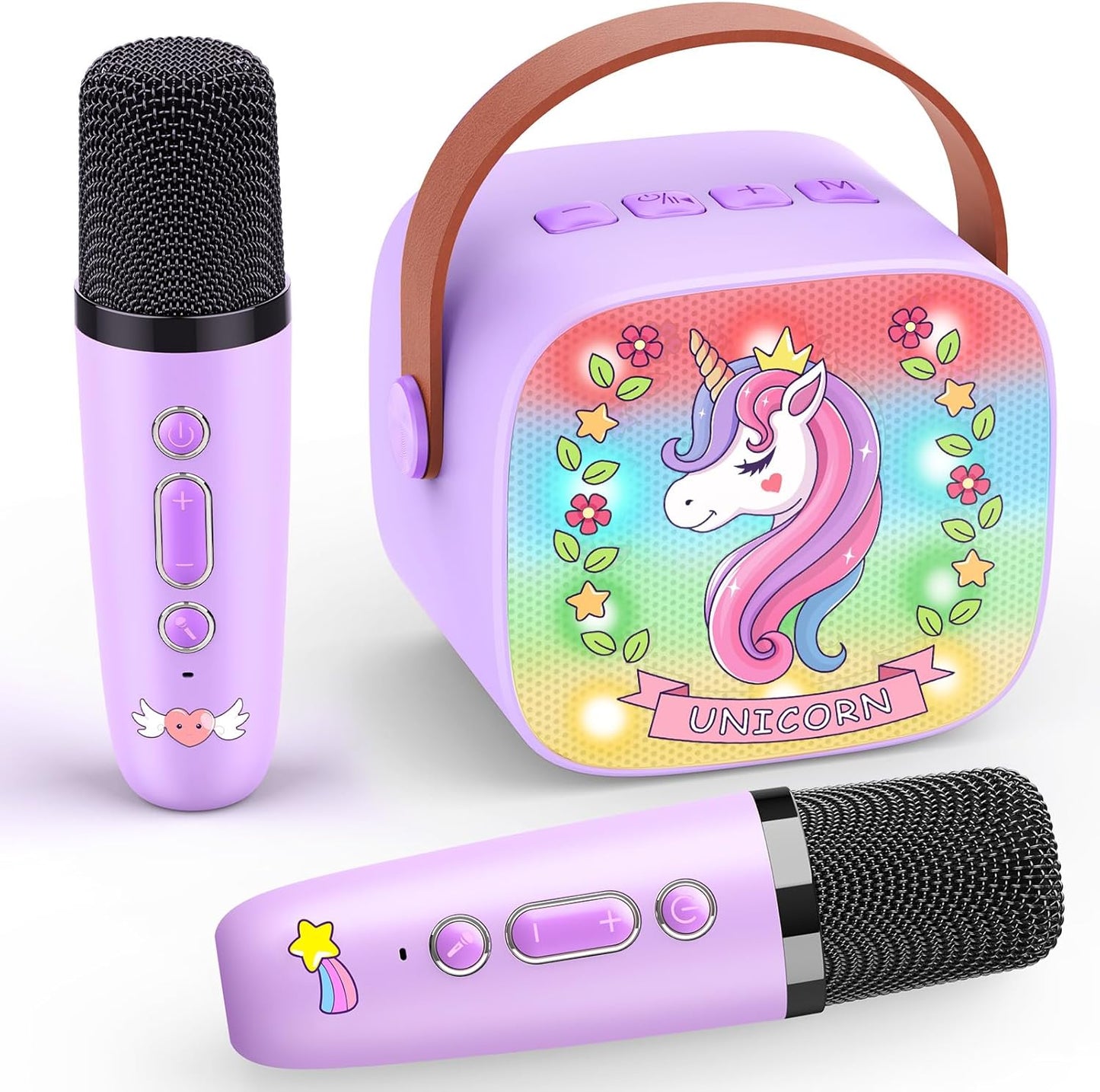 Karaoke Machine with 2 Bluetooth Microphones, Children's Unicorn Christmas Gifts Toy for Girls 3-12 Years, Portable Karaoke Microphone Set with DSP and LED Lights