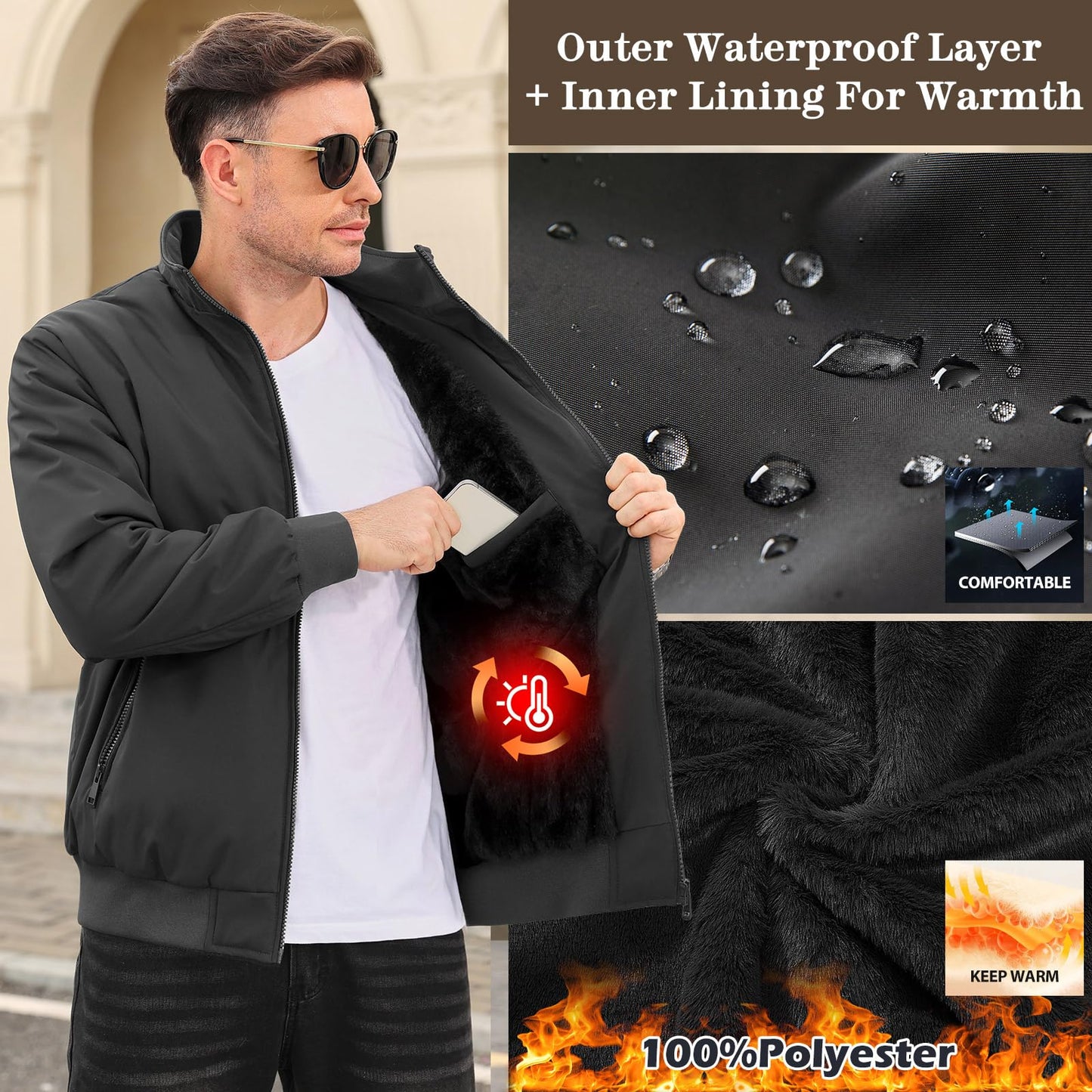 Lonya Men's Fleece Winter Windproof Bomber Jacket Full Zip Transition Jacket Flight Jacket Autumn Warm Padded Stand-Up Collar Coats Jackets