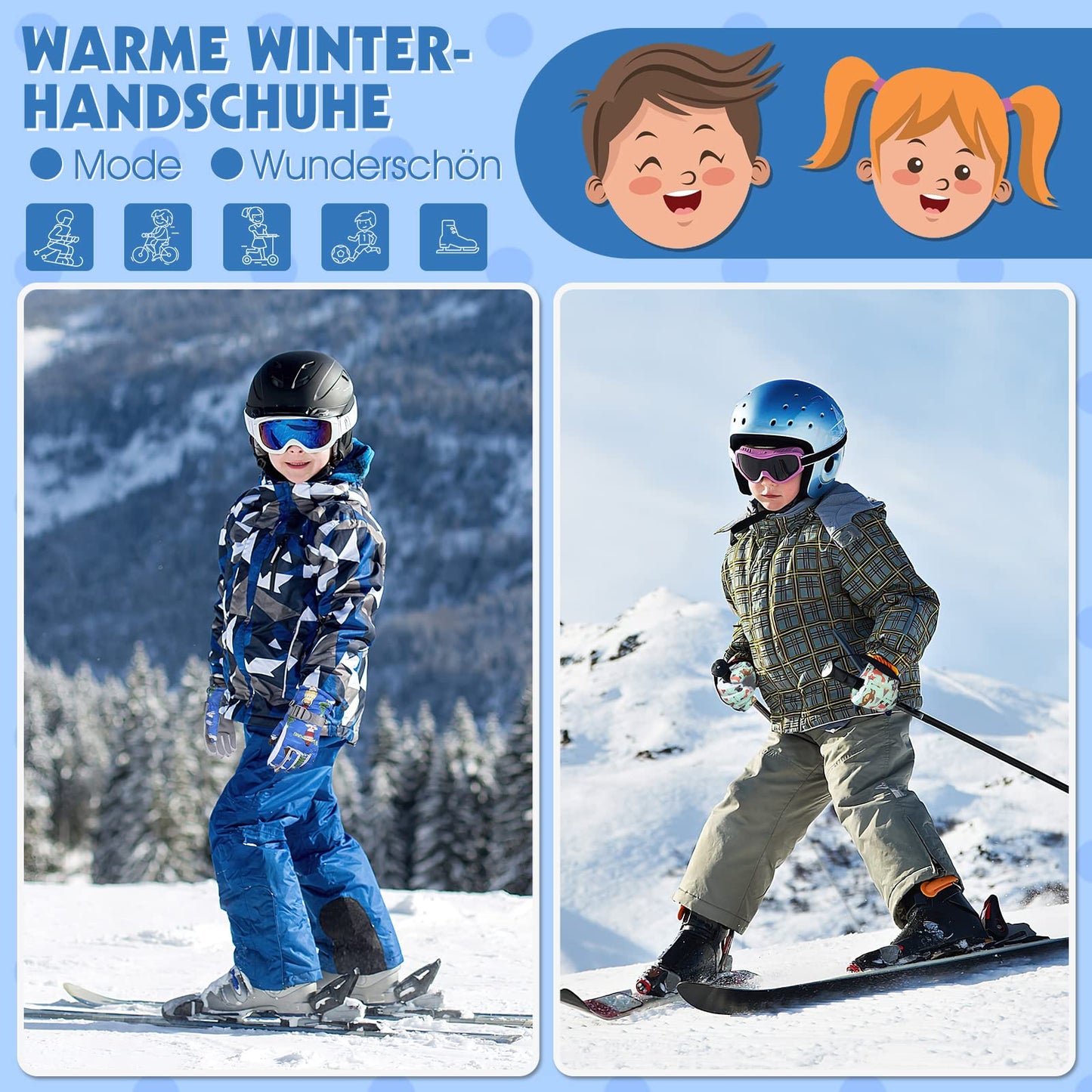 WESTGIRL Children’s Winter Gloves, Windproof, Warm Ski Gloves, Thermal Fleece, Water-Repellent Cartoon Snow Gloves, Outdoor Gloves for Snowboarding, Cycling, for Boys and Girls Aged 3–12 Years