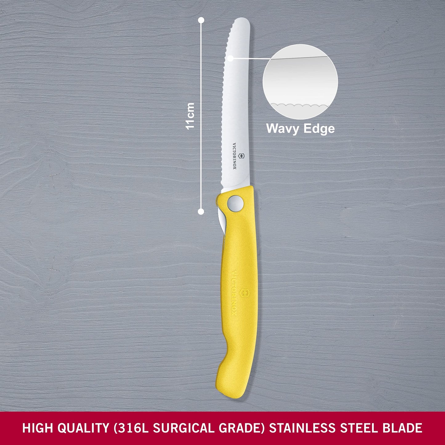 Victorinox Swiss Classic Profi Tomaten- und Tafelmesser, Extra Scharfe Klinge, Wellenschliff, 11 cm, Rostfreier Stahl, gelb