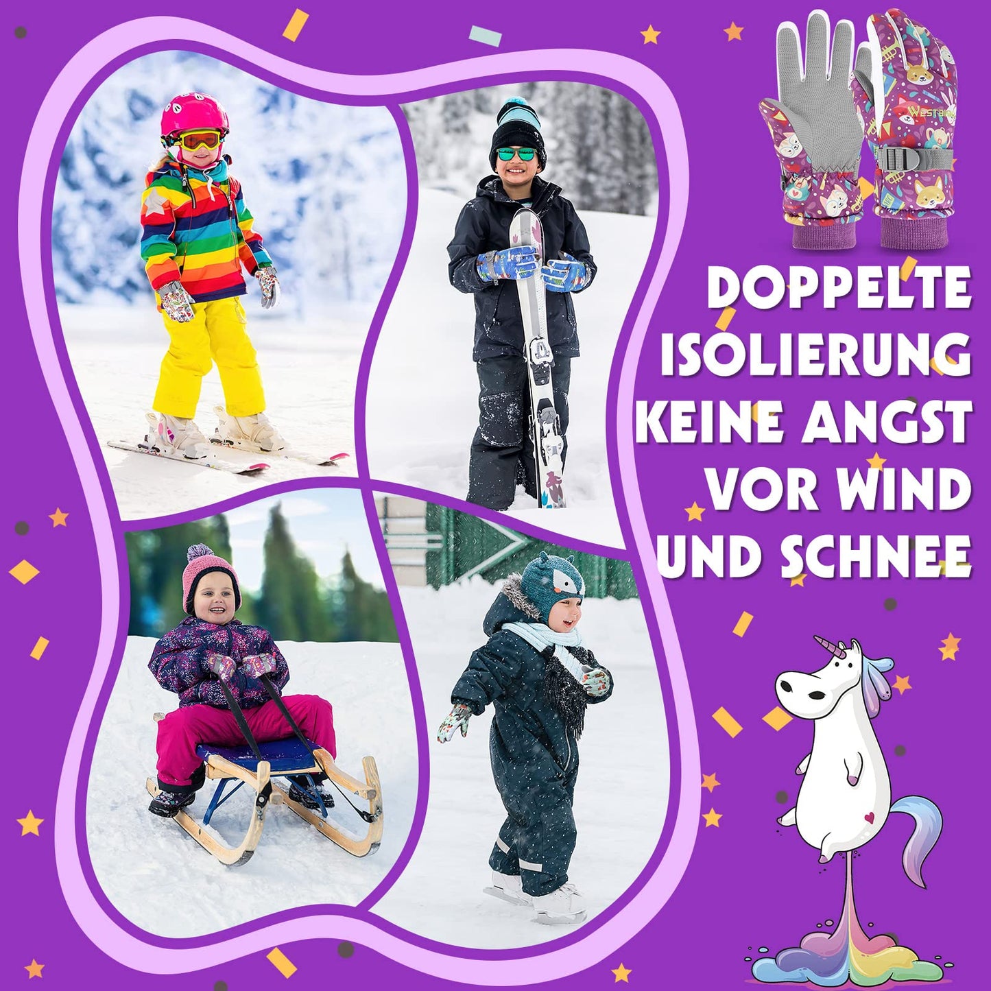 WESTGIRL Children’s Winter Gloves, Windproof, Warm Ski Gloves, Thermal Fleece, Water-Repellent Cartoon Snow Gloves, Outdoor Gloves for Snowboarding, Cycling, for Boys and Girls Aged 3–12 Years