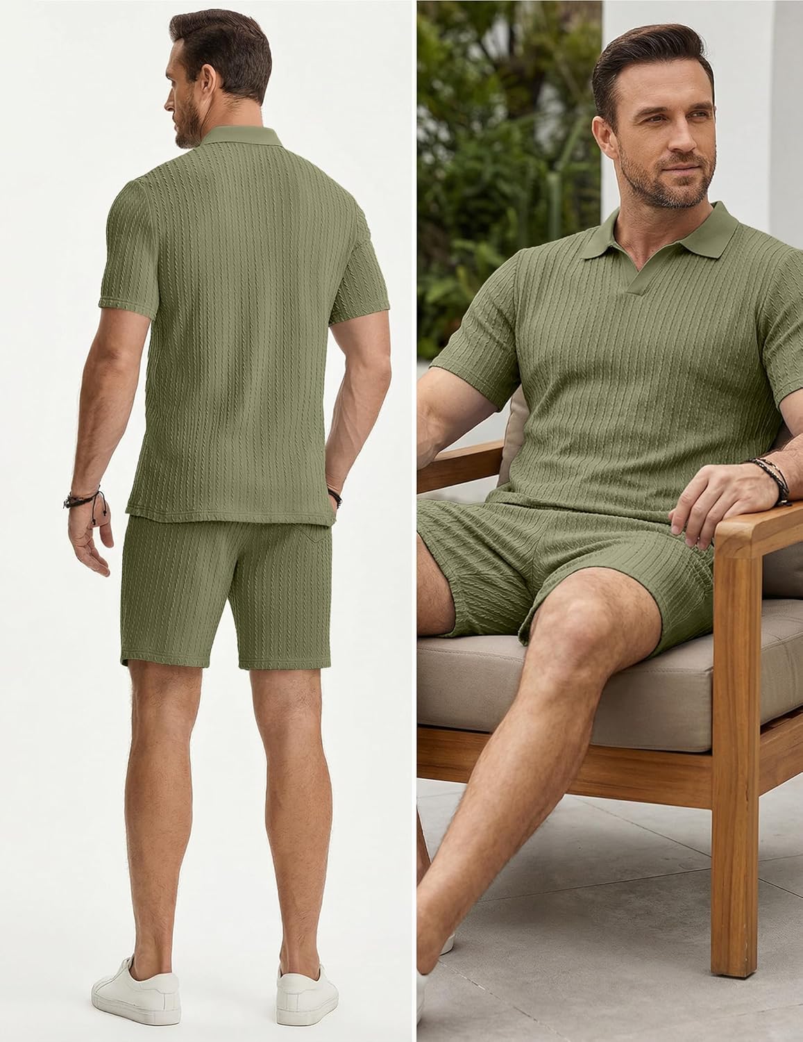 JMIERR Herren Jogginganzug Set Sommer 2 Teiliges Poloshirts Kurzarm Einfarbig Strick mit Kurze Hose Herren mit Elastischer Taille Baggy Freizeitanzug