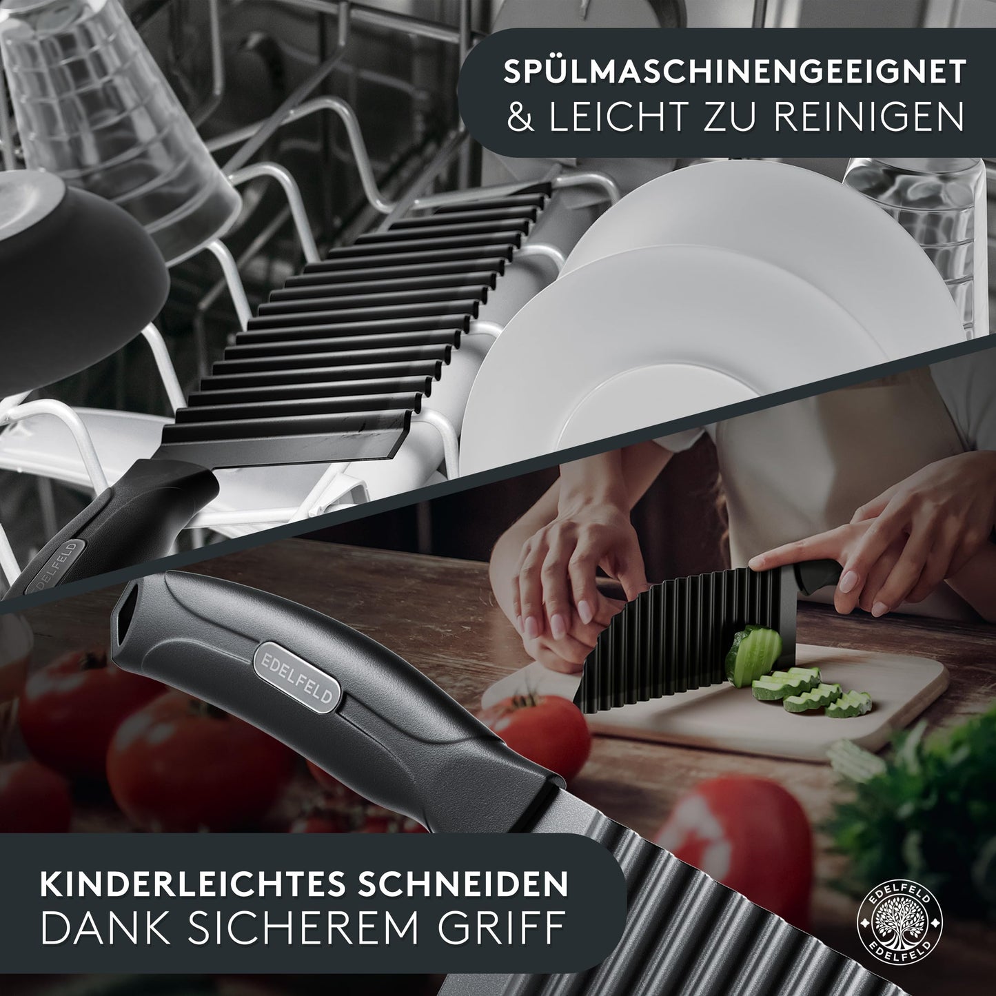 EDELFELD Wellenschneider für Pommes, Obst & Gemüse [TESTSIEGER] - Spülmaschinengeeignetes Wellenmesser mit Titanklinge - Riffelmesser für Erwachsene & Kinder - BLW Wellenschnittmesser aus Edelstahl