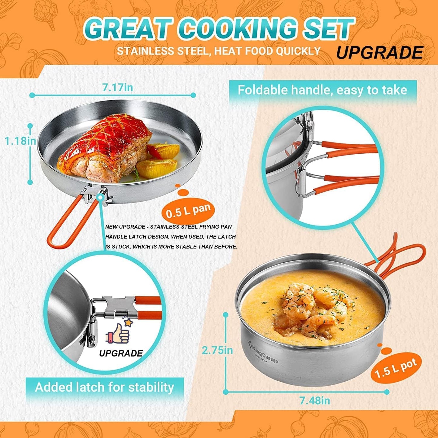 KingCamp Camping Geschirr Set 2-4 Personen I Camping Kochgeschirr aus Edelstahl I Camping Töpfe mit Faltbare Besteck I Ultraleicht Camping Topf Pfanne Set für Campingkocher