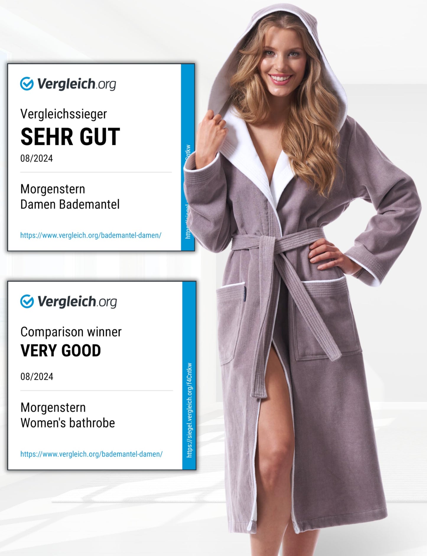 Morgenstern Bademantel Damen 100% Baumwolle mit Kapuze Frottee-Velours OEKO-TEX Leonie