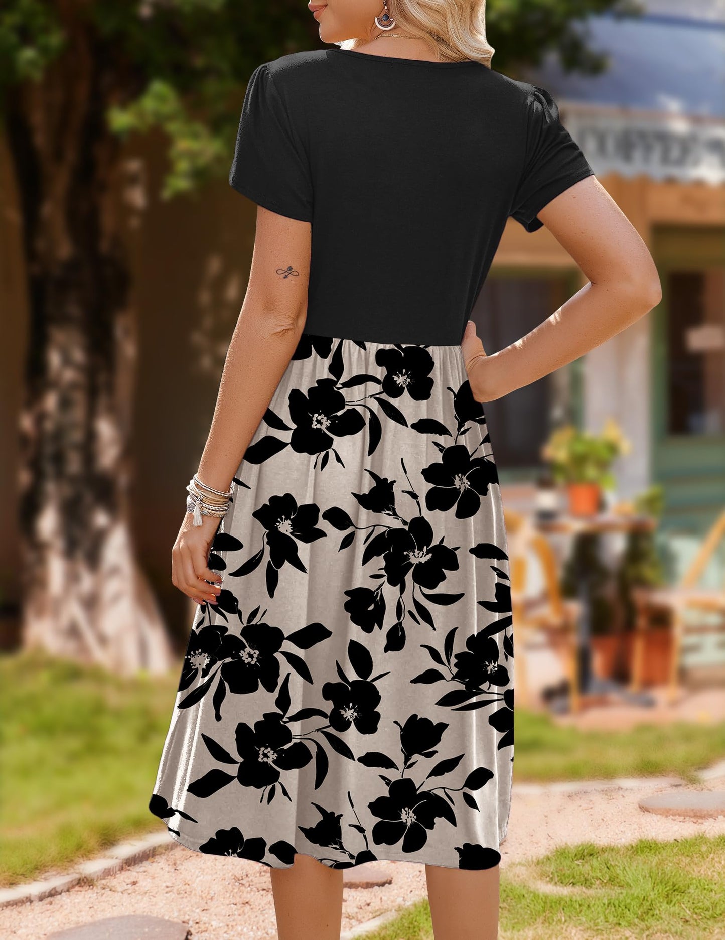 ZEAGOO Sommerkleid Damen Elegant Kleider Kurzarm Rundhals Midikleid A-Linie Blumenkleid Casual Tunika Kleid Hohe Taille Strandkleid mit Taschen S-XXL