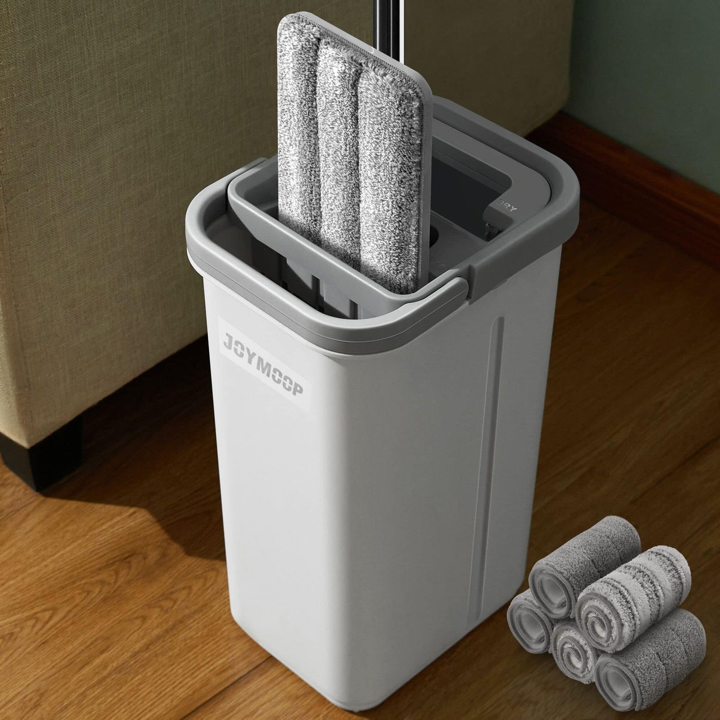 JOYMOOP Mop und Eimer mit Wringer Set, Hands Free Flat Floor Mop und Eimer, mit 5 waschbaren Mikrofaserpads, Nass- und Trockeneinsatz, Bodenreinigungssystem