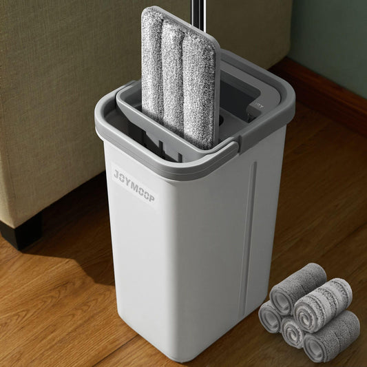 JOYMOOP Mop und Eimer mit Wringer Set, Hands Free Flat Floor Mop und Eimer, mit 5 waschbaren Mikrofaserpads, Nass- und Trockeneinsatz, Bodenreinigungssystem