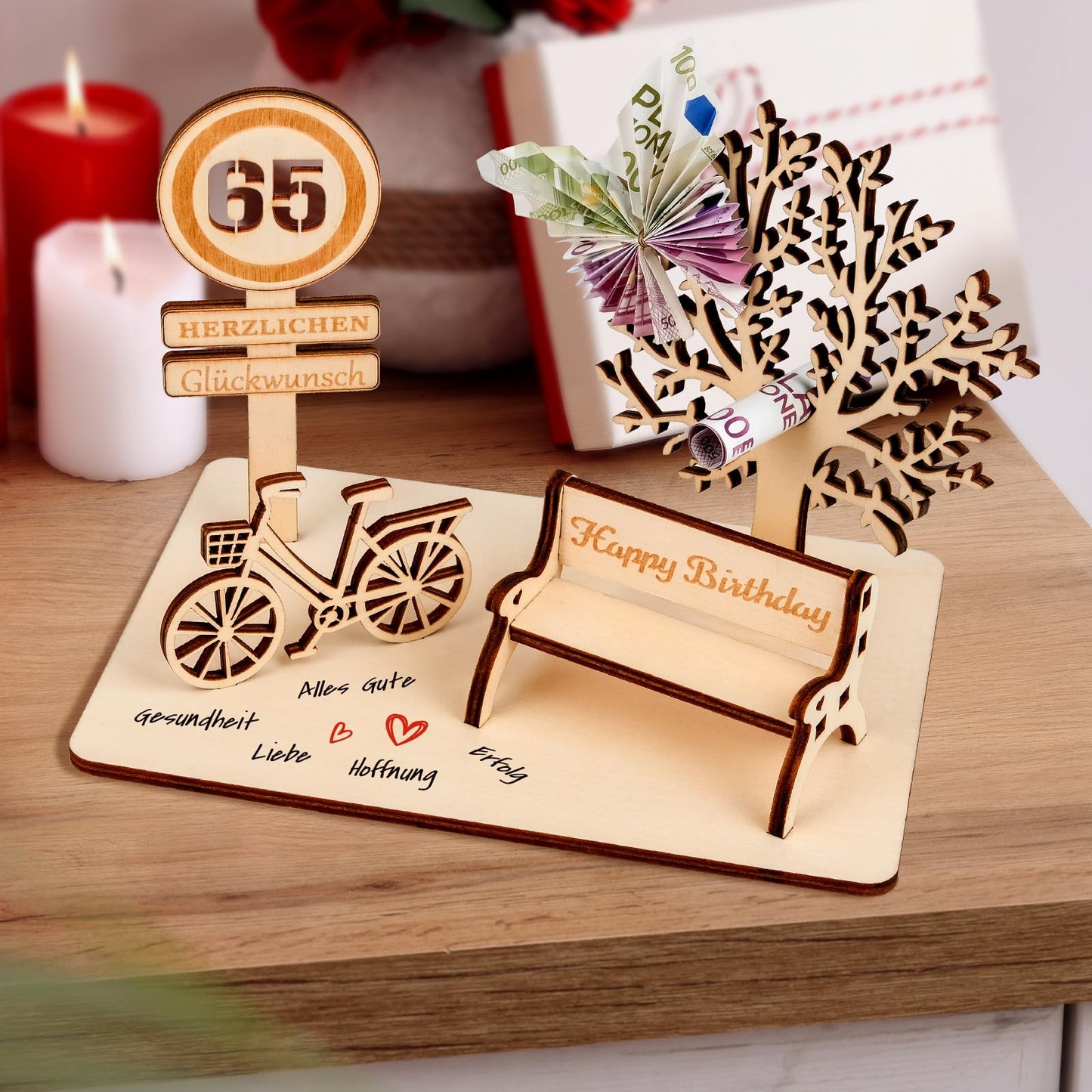 I LOVE MOM Geldgeschenk Geburtstag Holz, Fahrrad Geschenk, DIY Holz Schild Gästebuch Dreidimensionale Bäume Sitzbank Deko Zahlen für Geschenke, Hochzeiten, Partys, Geburtstage, Jubiläum (GYY-60)