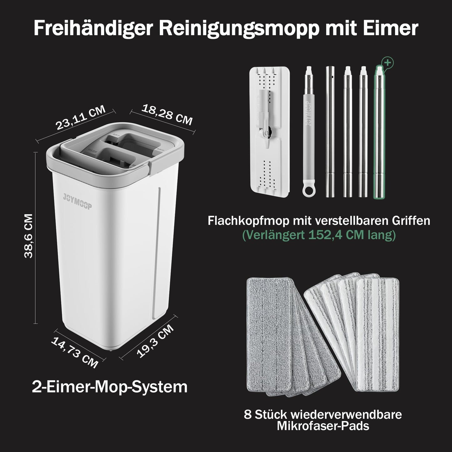 JOYMOOP Mop und Eimer mit Wringer Set, Hands Free Flat Floor Mop und Eimer, mit 5 waschbaren Mikrofaserpads, Nass- und Trockeneinsatz, Bodenreinigungssystem