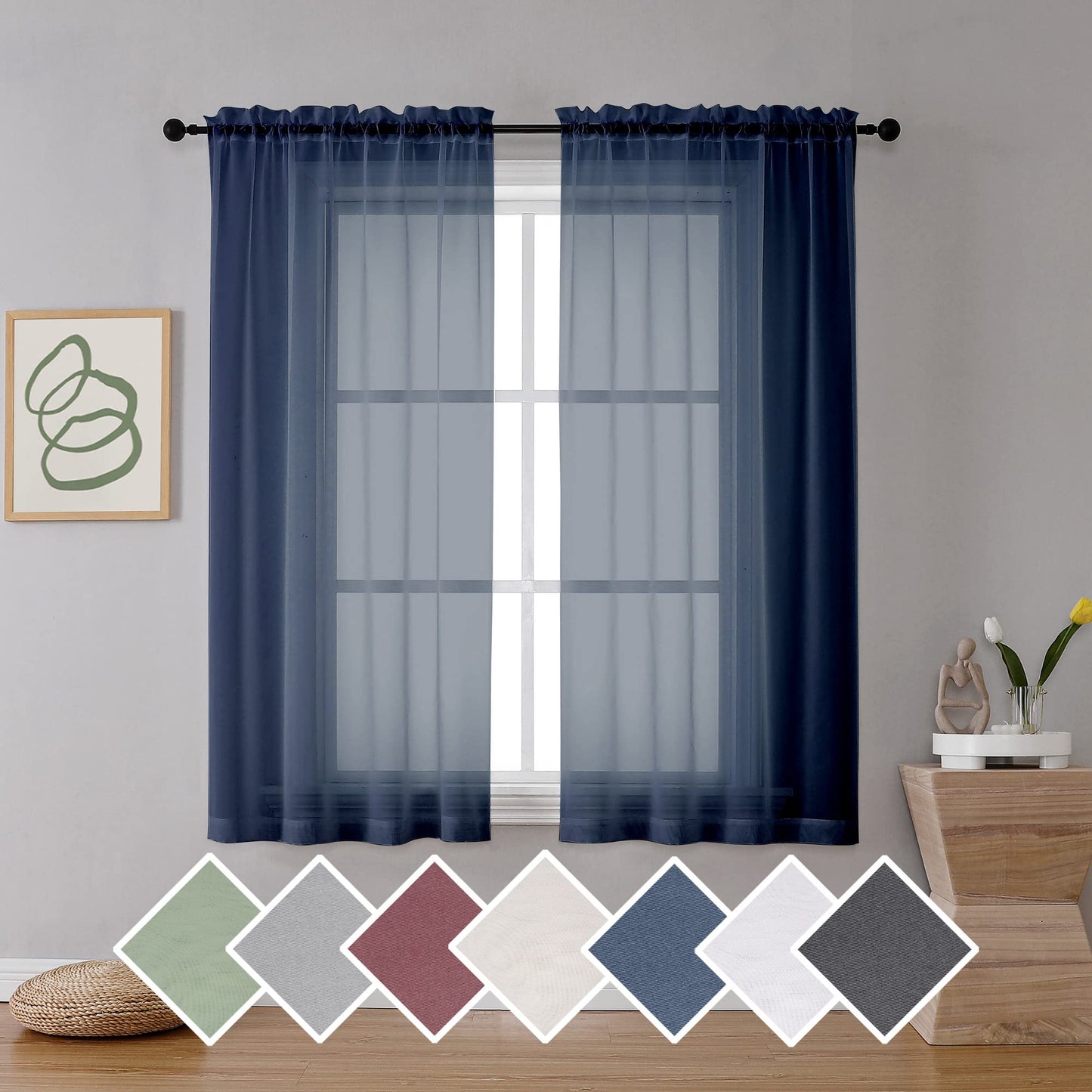 OVZME Extra Lange, durchsichtige Vorhänge, 241,3 cm Länge für französische Tür, Stangentasche, Voile, Fensterbehandlung für Wohnzimmer, Marineblau, 2 Paneele à 42 x 95 l