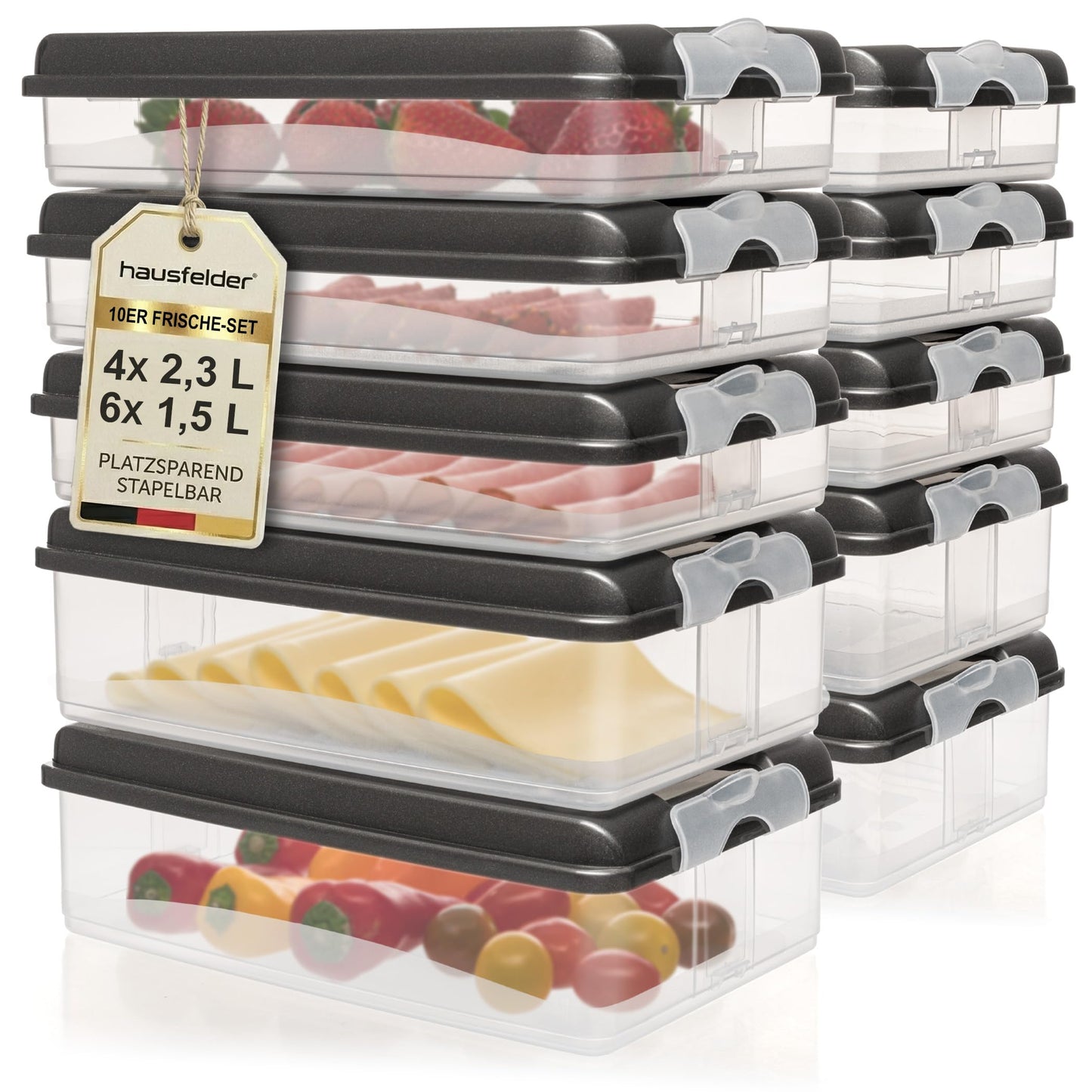 Hausfelder Cold Cut Boxes for Sausage and Cheese, 3 x 1.5 L + 2 x 2.3 L + 5 x Lids, Fridge Organiser, Stackable Cold Food Containers, Sausage Canisters Cheese Containers Set with Lid