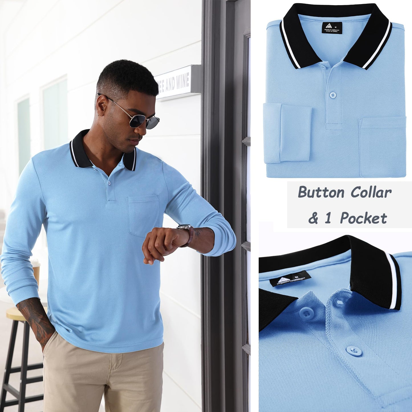 JACKETOWN 3er Pack Poloshirt Herren Langarm Atmungsaktiv Poloshirt Set Knopfkragen Arbeitshemd Golf Polohemd Frühling Herbst Arbeits T Shirt mit Tasche