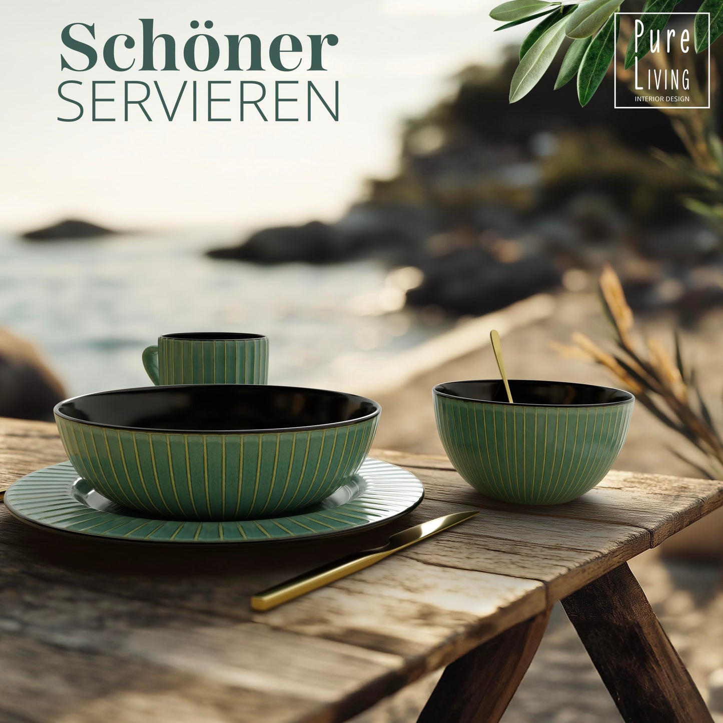 Steingut Frühstücksteller 6 Pers. Ibiza Hochwertiges Mediterranes TEST SEHR GUT Dessertteller Set - Kuchenteller spülmaschinen- und kratzfest - Kleine Teller, Salatteller Pure Living in Petrol