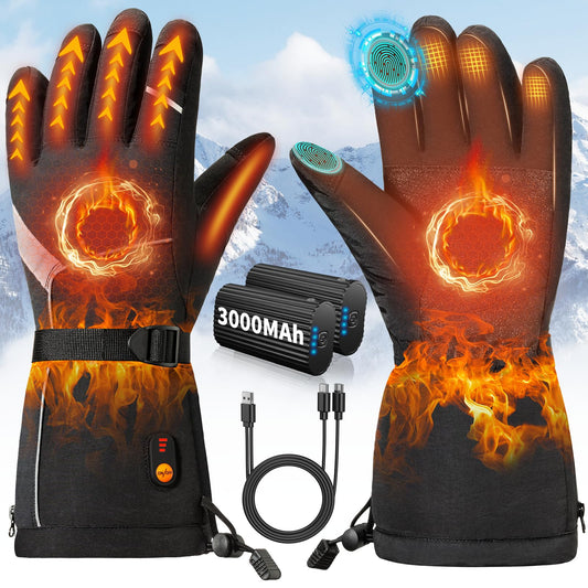 Heated Gloves for Men and Women, Electric Heated Gloves with 3000 mAh x 2 7.4 V Rechargeable Batteries, 3 Adjustable Temperatures, Waterproof Touchscreen Heating Gloves