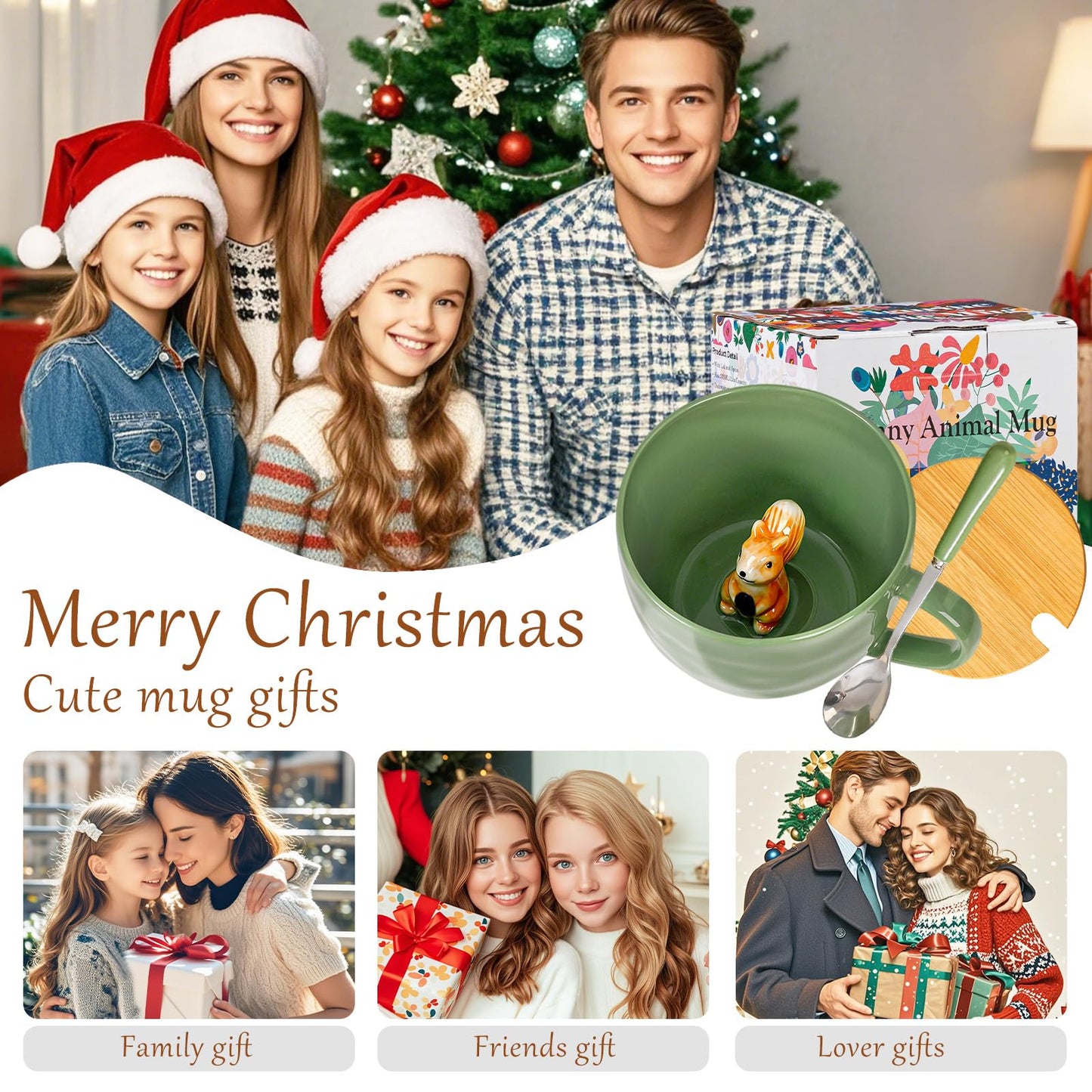 BigNoseDeer Süße Sachen Keramik Katze Kaffeetasse Teetasse Deckel Löffel Lustige Tassen Geschenke für Frauen Kaffeebecher 3D Tasse Personalisiert Cappuccino Tasse Beste Freundin Weihnachten Geschenk