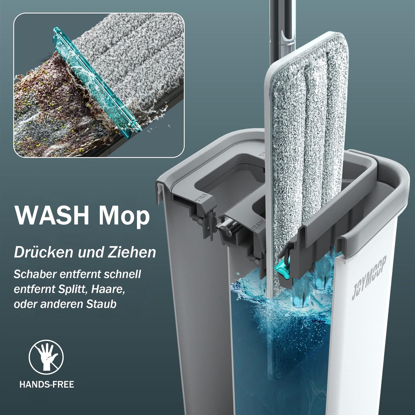 JOYMOOP Mop und Eimer mit Wringer Set, Hands Free Flat Floor Mop und Eimer, mit 5 waschbaren Mikrofaserpads, Nass- und Trockeneinsatz, Bodenreinigungssystem