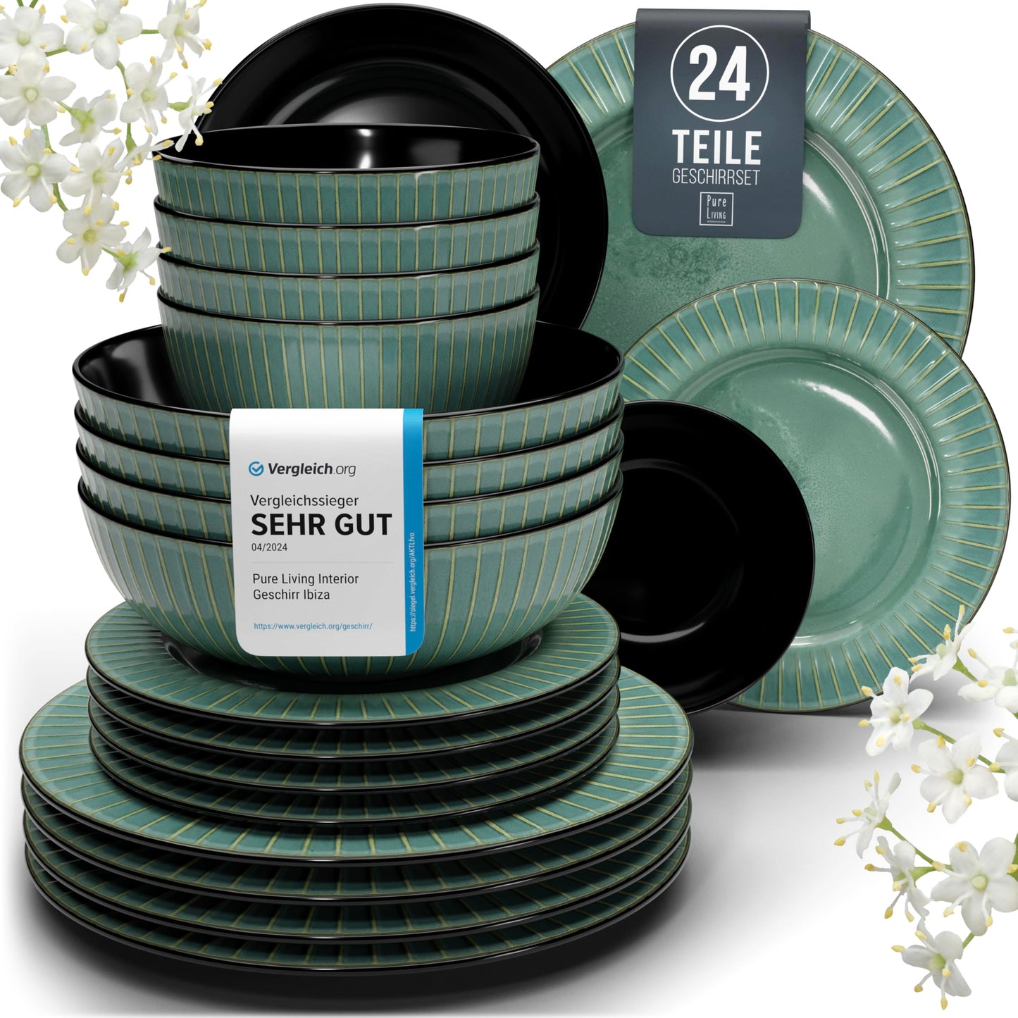 Steingut Frühstücksteller 6 Pers. Ibiza Hochwertiges Mediterranes TEST SEHR GUT Dessertteller Set - Kuchenteller spülmaschinen- und kratzfest - Kleine Teller, Salatteller Pure Living in Petrol