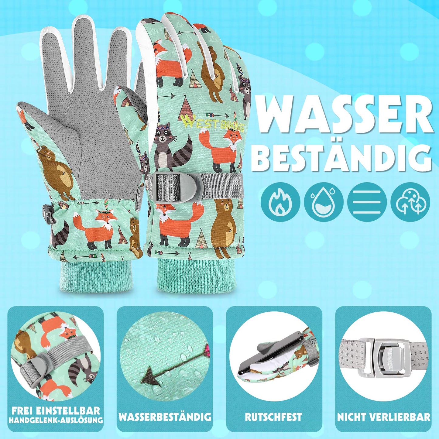 WESTGIRL Children’s Winter Gloves, Windproof, Warm Ski Gloves, Thermal Fleece, Water-Repellent Cartoon Snow Gloves, Outdoor Gloves for Snowboarding, Cycling, for Boys and Girls Aged 3–12 Years